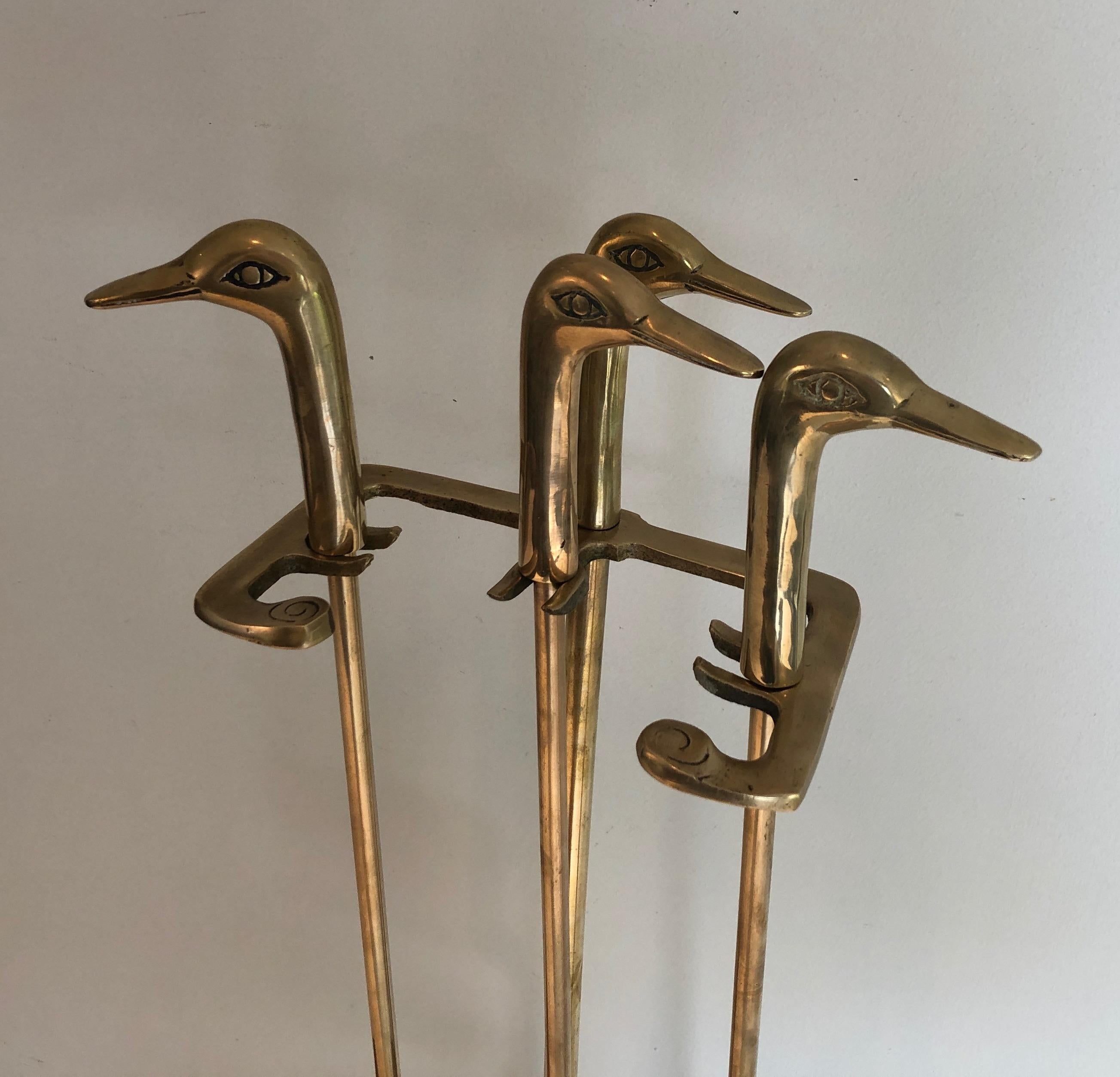 French Neoclassical Style Brass Fireplace Tools with Duck Heads