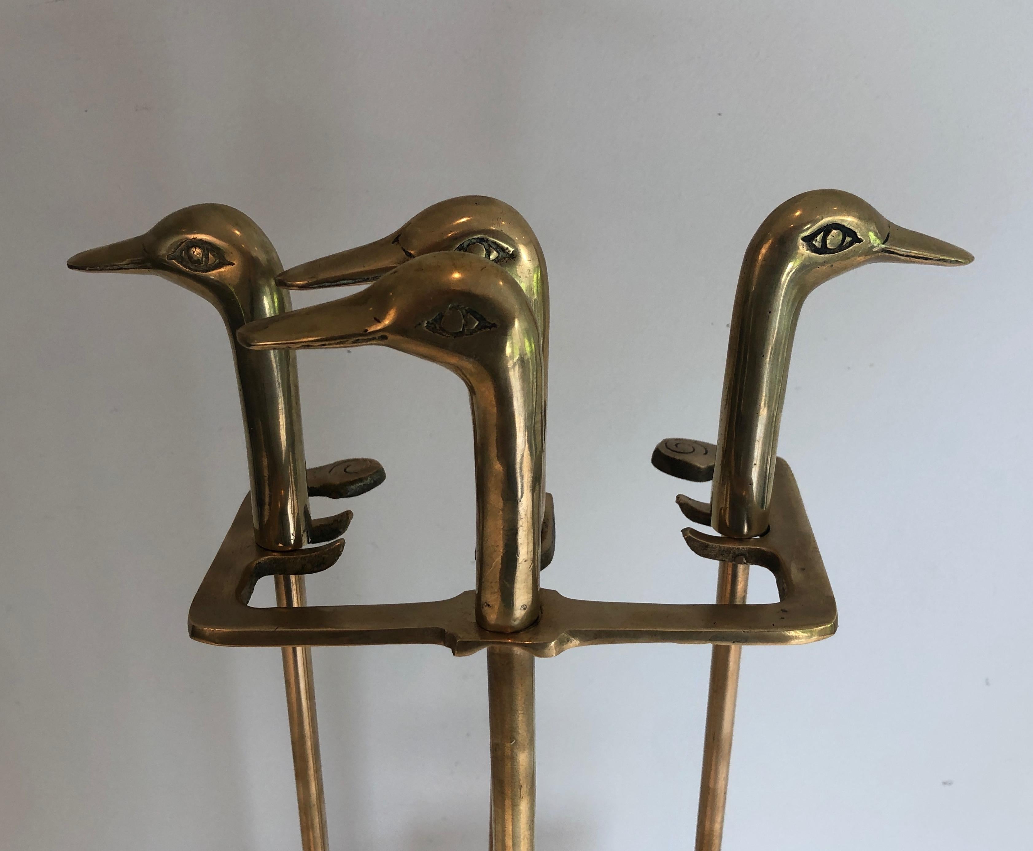 Neoclassical Style Brass Fireplace Tools with Duck Heads 1