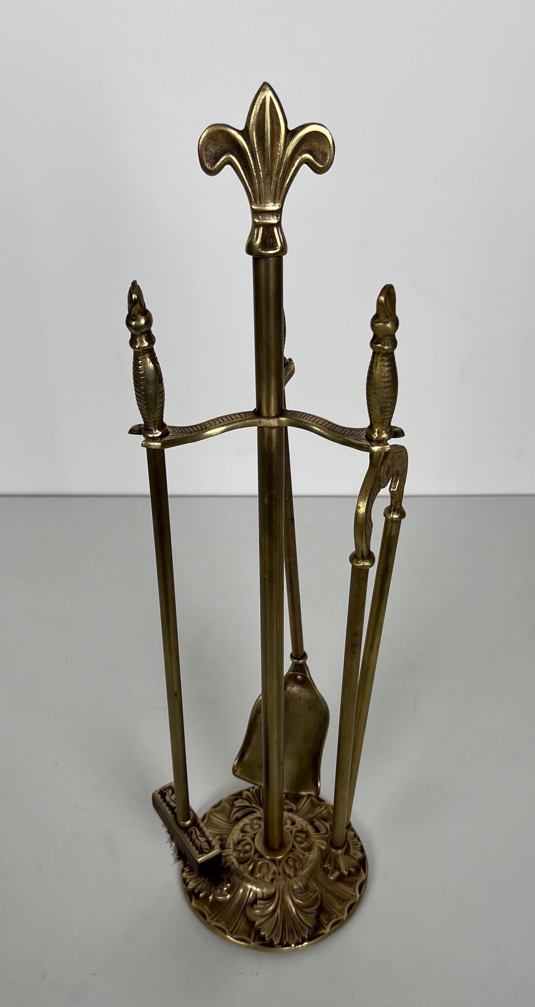 Neoclassical Style Brass Fireplace Tools with Lily Flowers For Sale 8