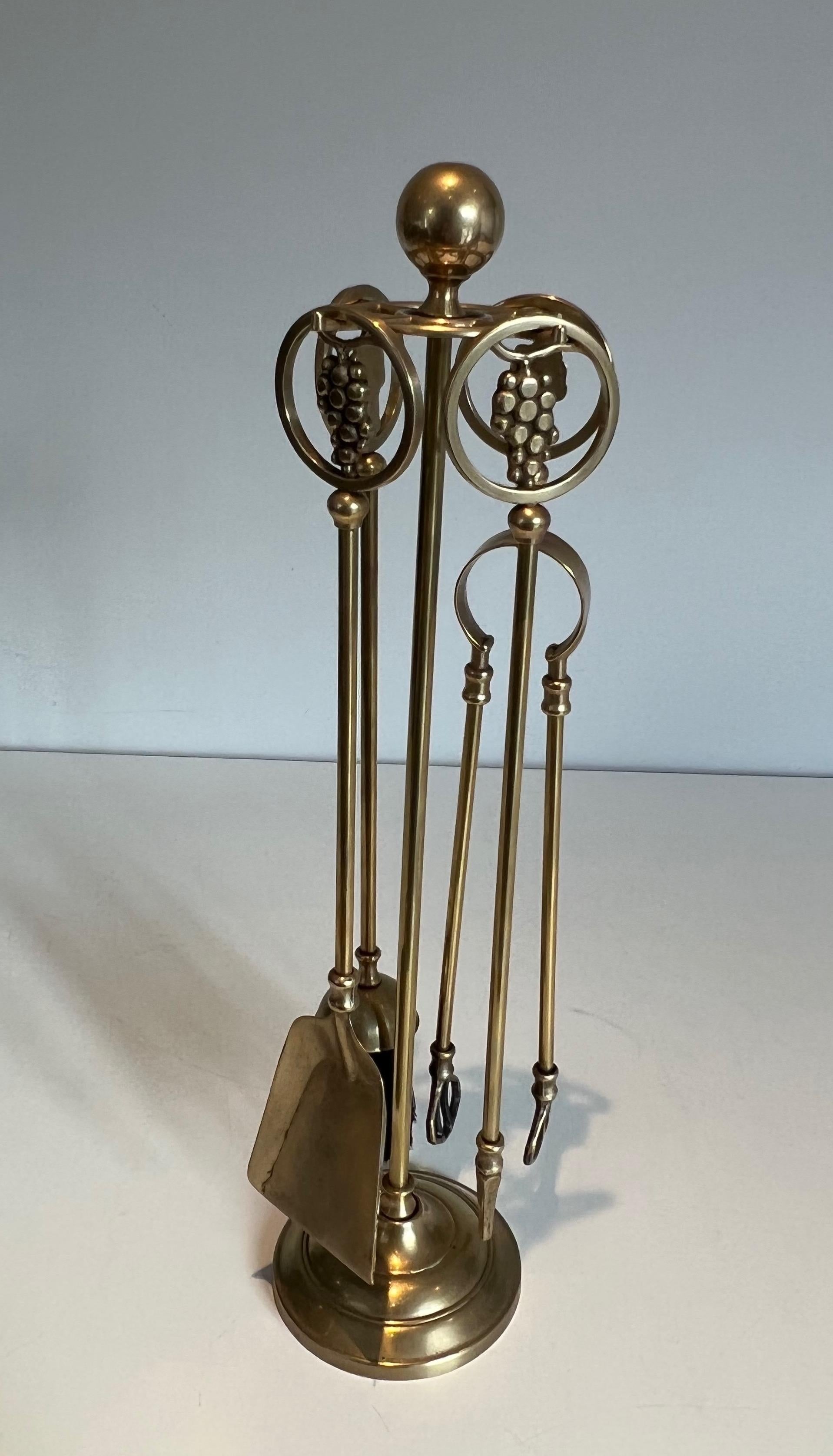French Neoclassical Style Brass Grappes Fireplace Tools For Sale