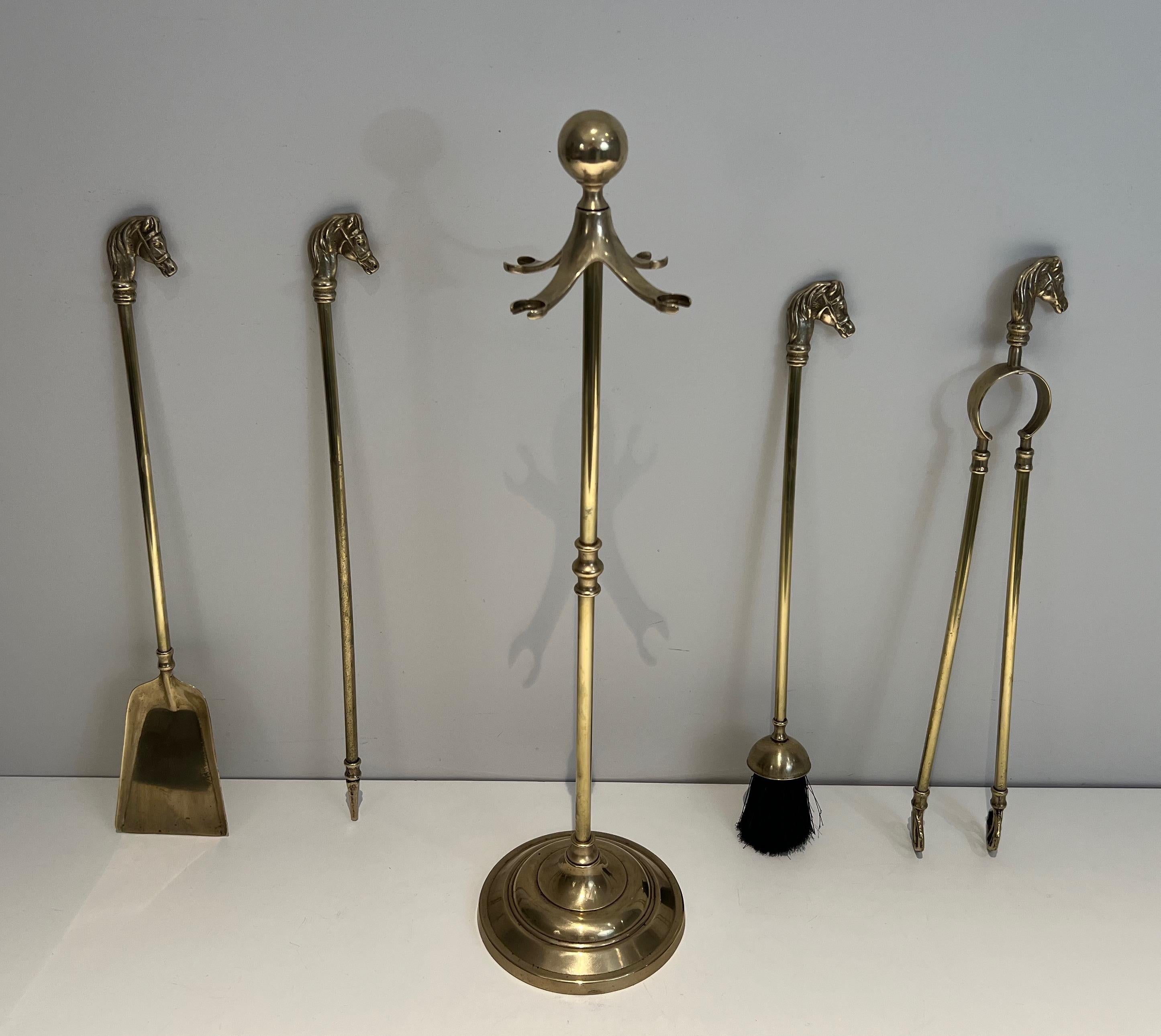Mid-20th Century Neoclassical Style Brass Horseheads Fireplace Tools