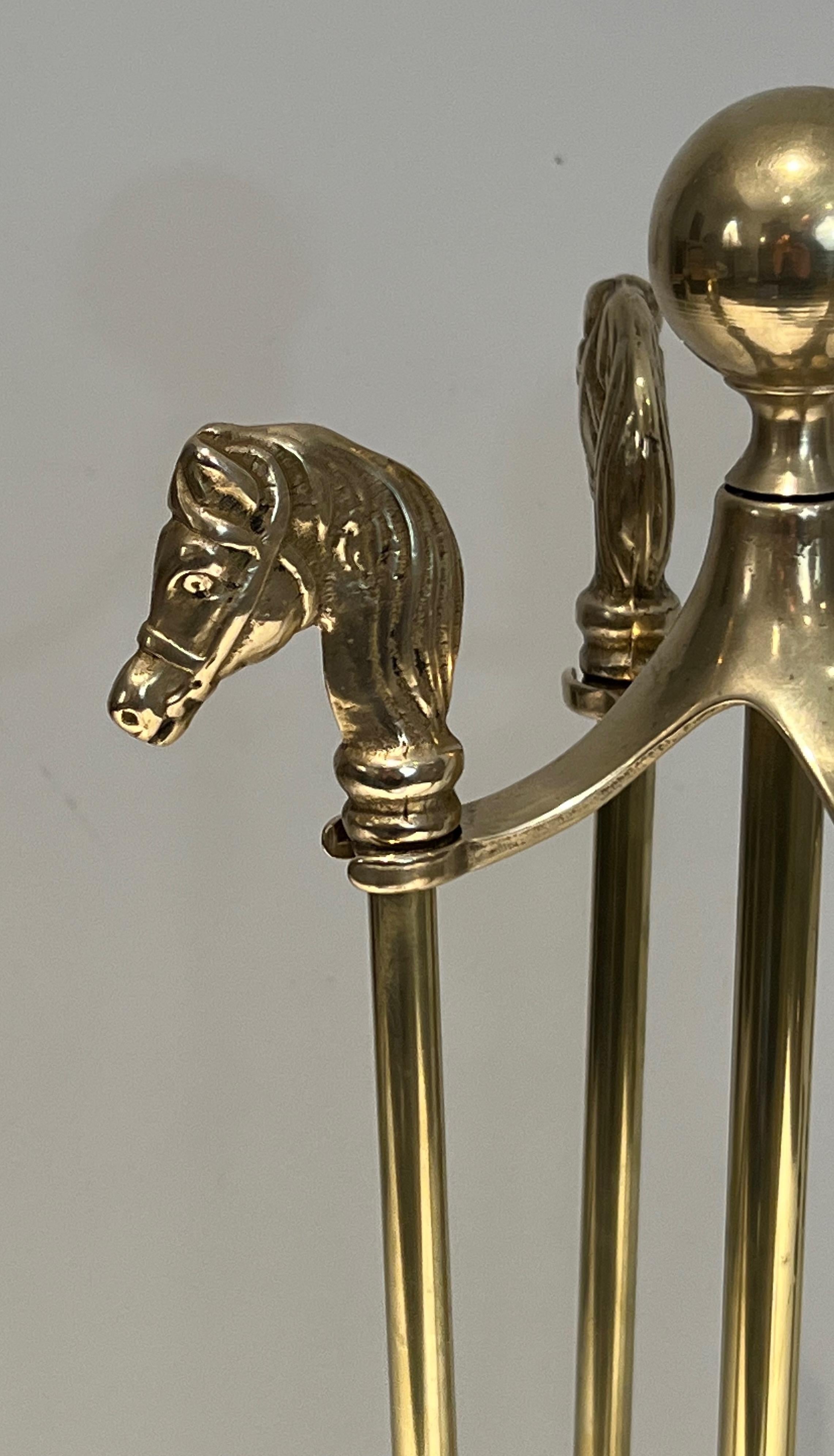 Neoclassical Style Brass Horseheads Fireplace Tools For Sale 3