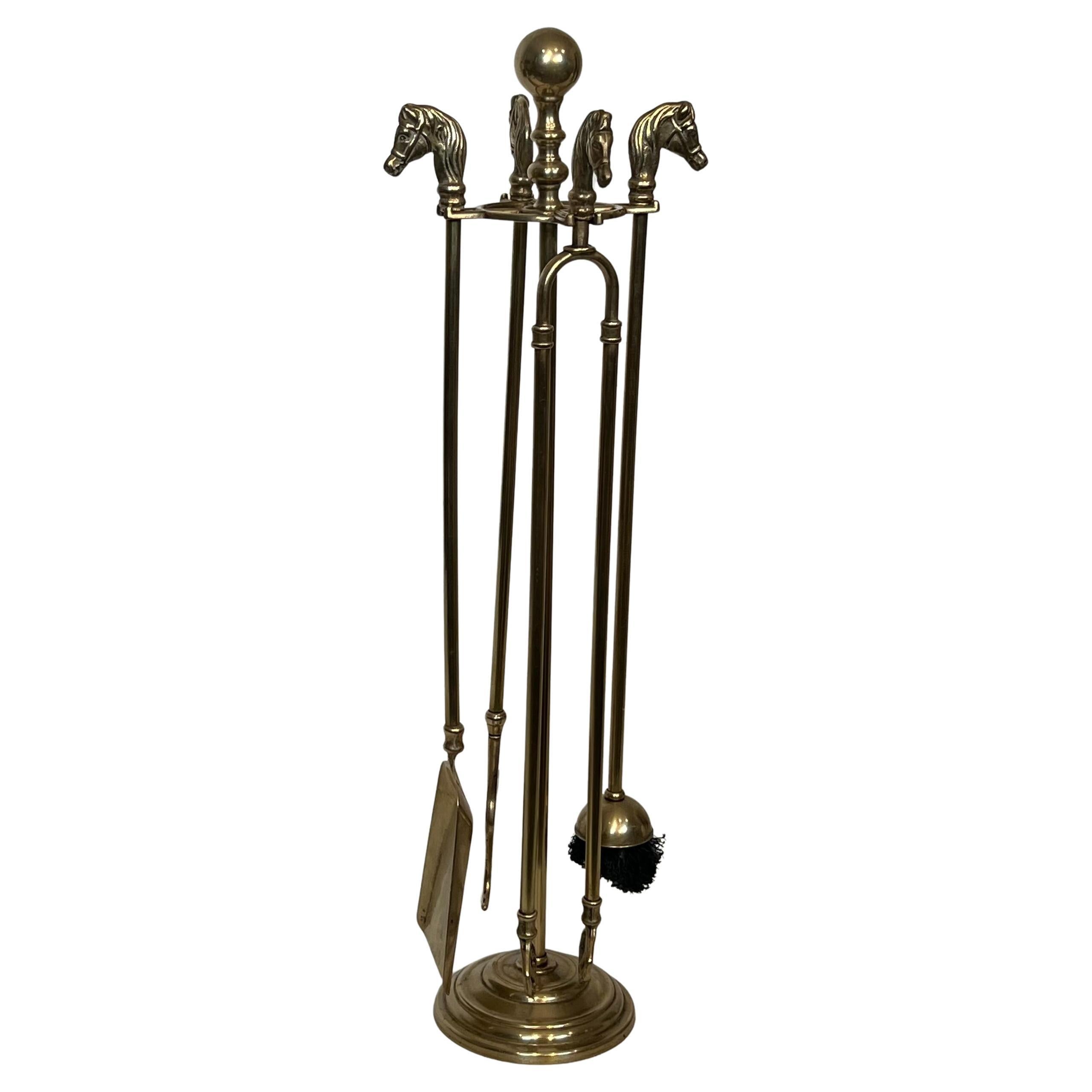 Neoclassical Style Brass HorseHeads Fireplace Tools For Sale