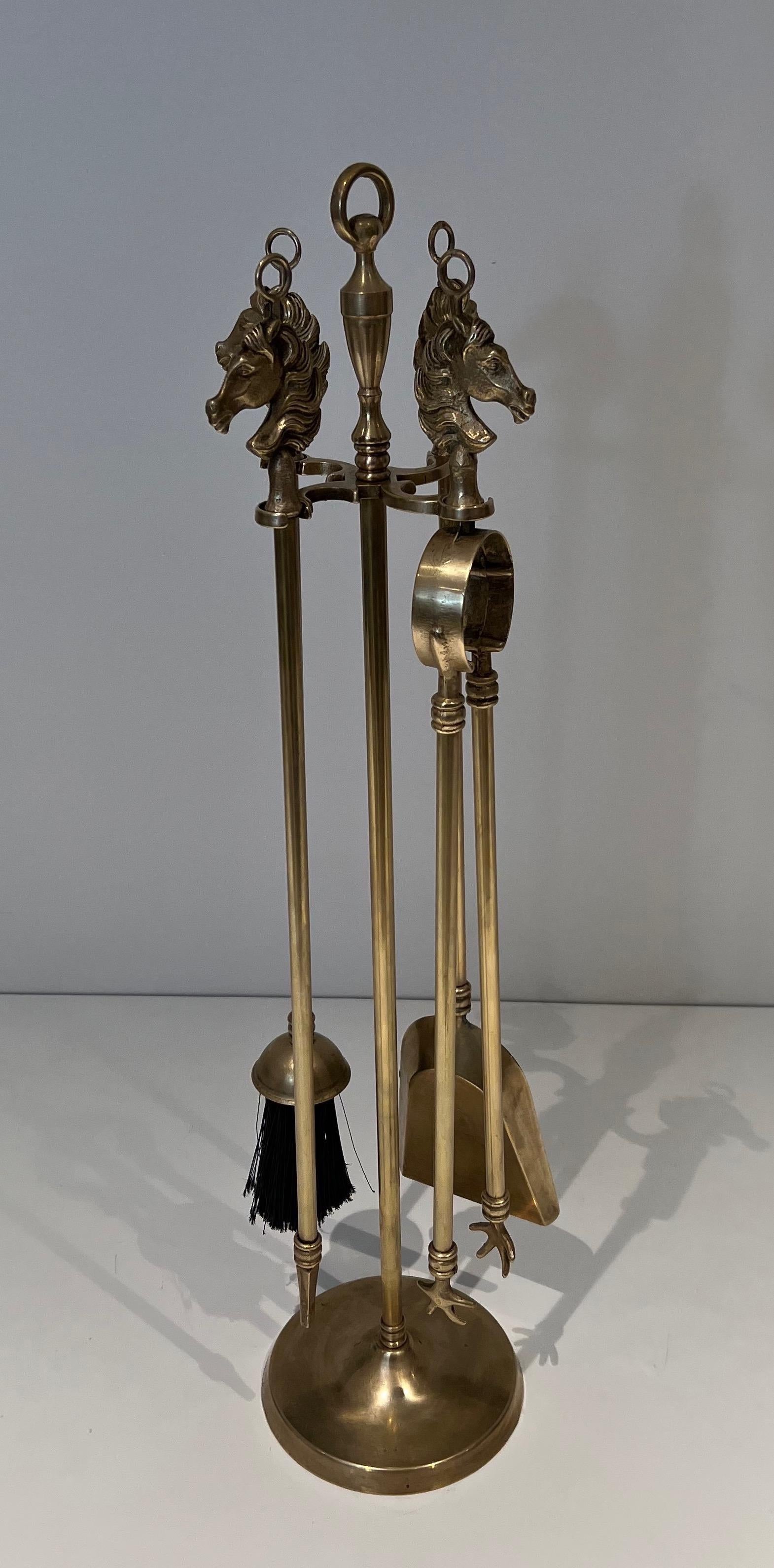 French Neoclassical Style Brass HorseHeads Fireplace Tools in the Styl of Maison Jansen For Sale