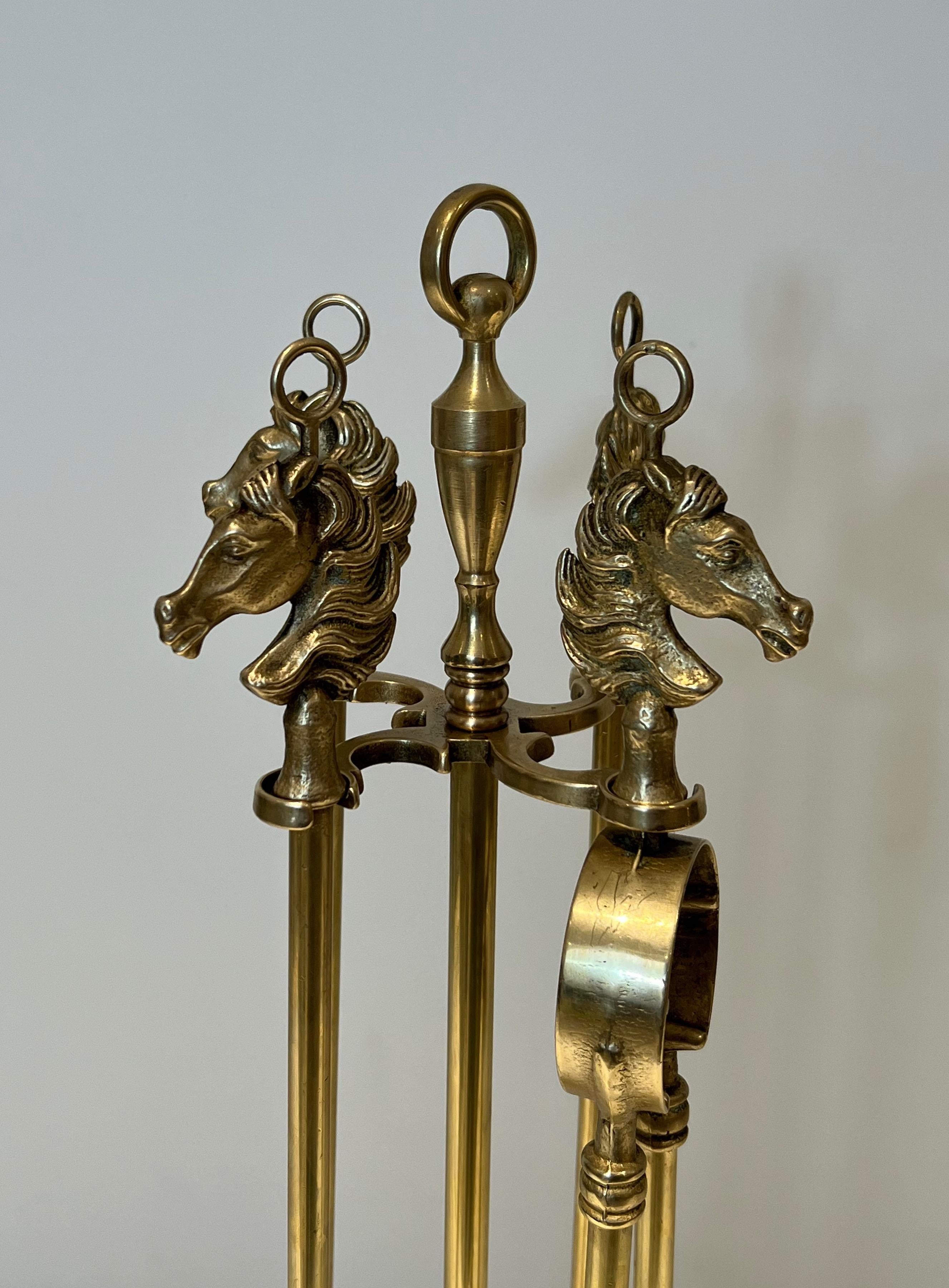 Neoclassical Style Brass HorseHeads Fireplace Tools in the Styl of Maison Jansen For Sale 1