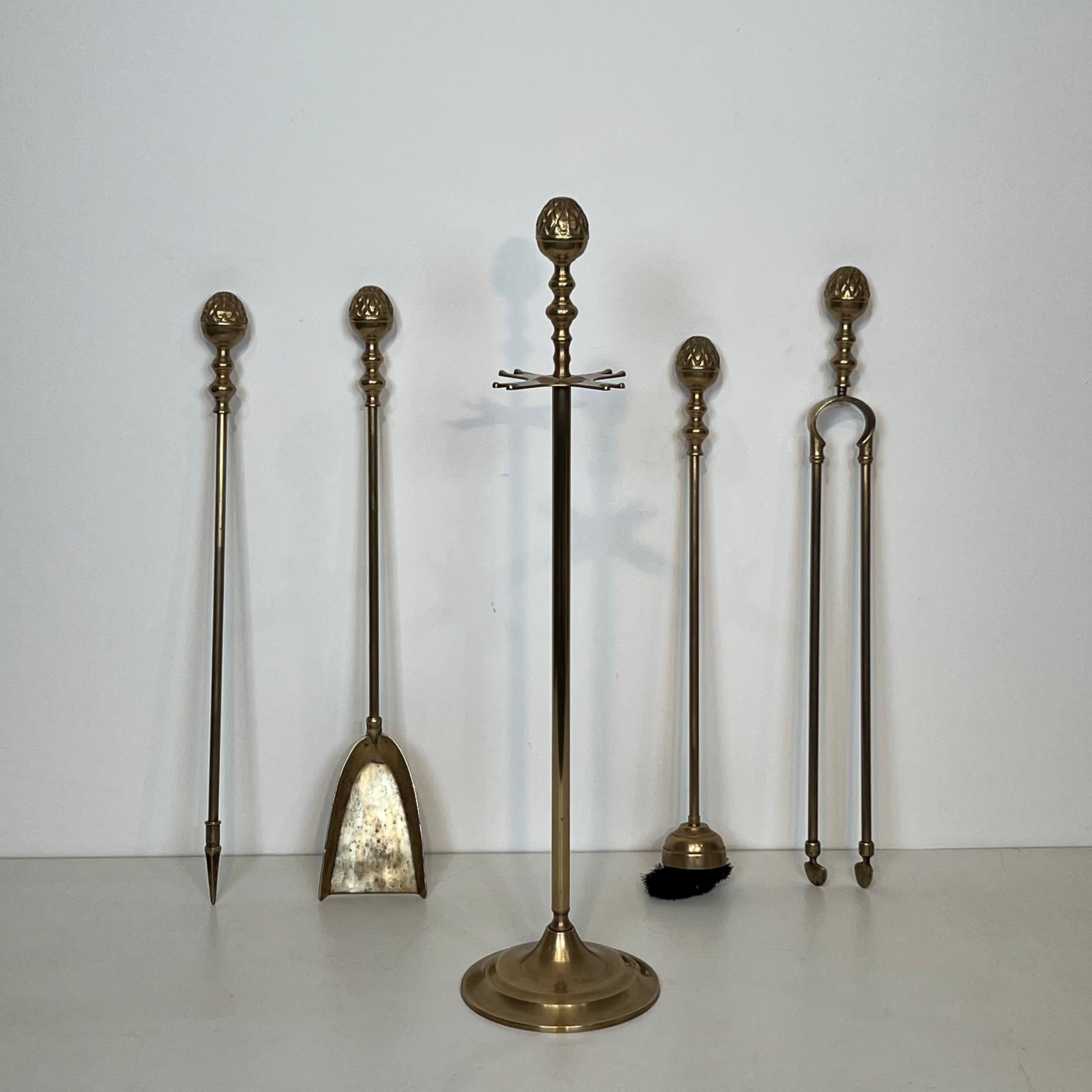 French Neoclassical Style Brass Pineapple Fireplace Tools For Sale