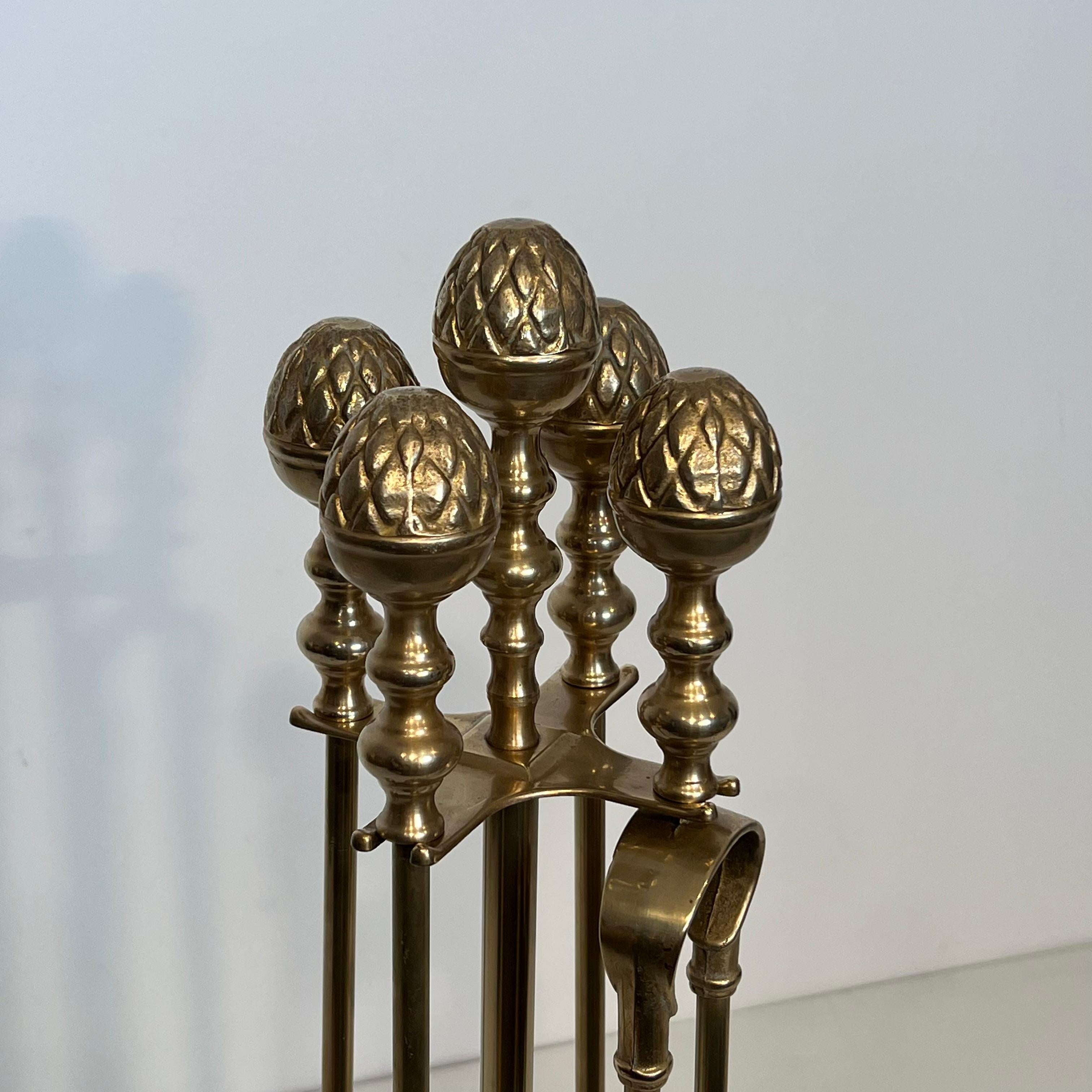 Late 20th Century Neoclassical Style Brass Pineapple Fireplace Tools For Sale