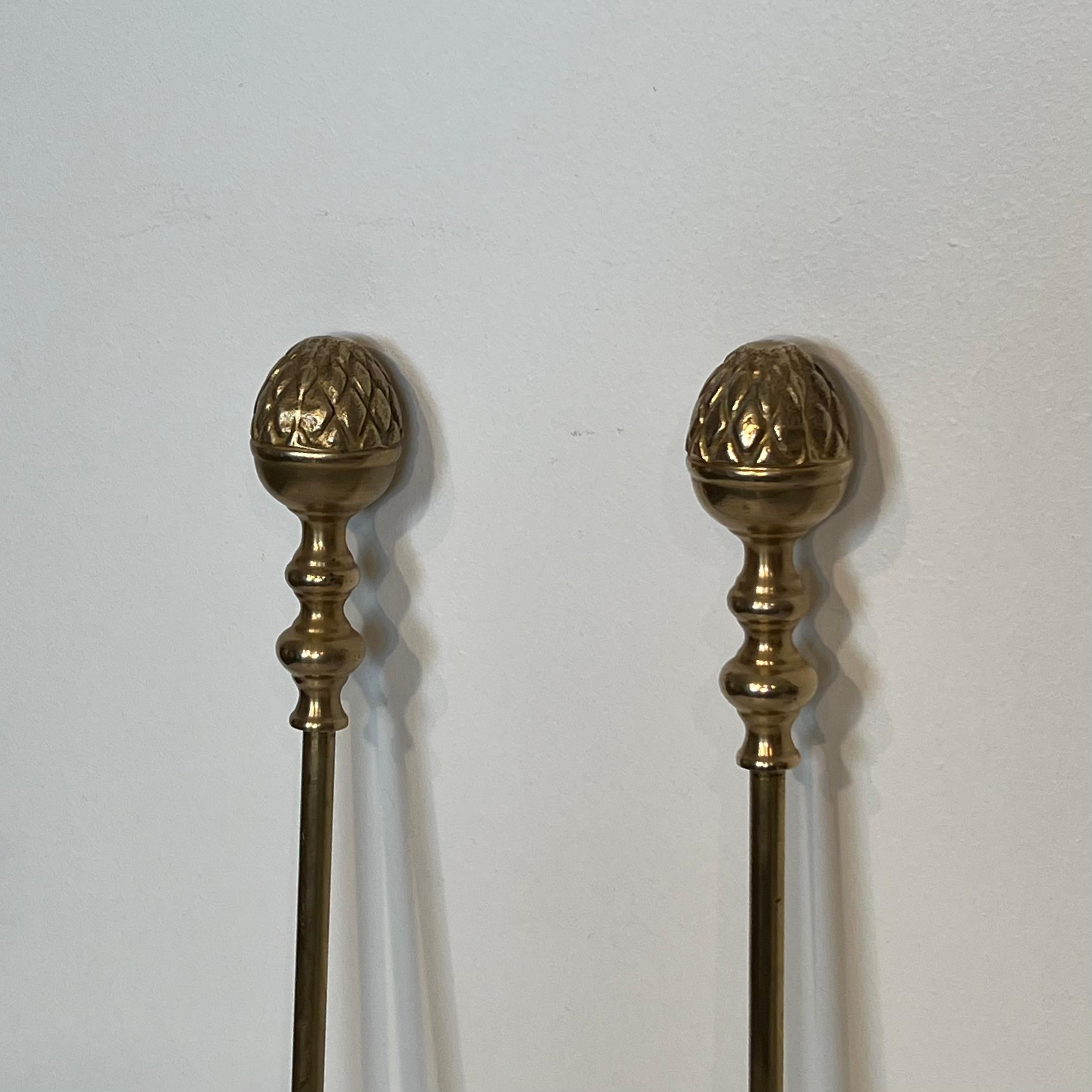 Neoclassical Style Brass Pineapple Fireplace Tools For Sale 4
