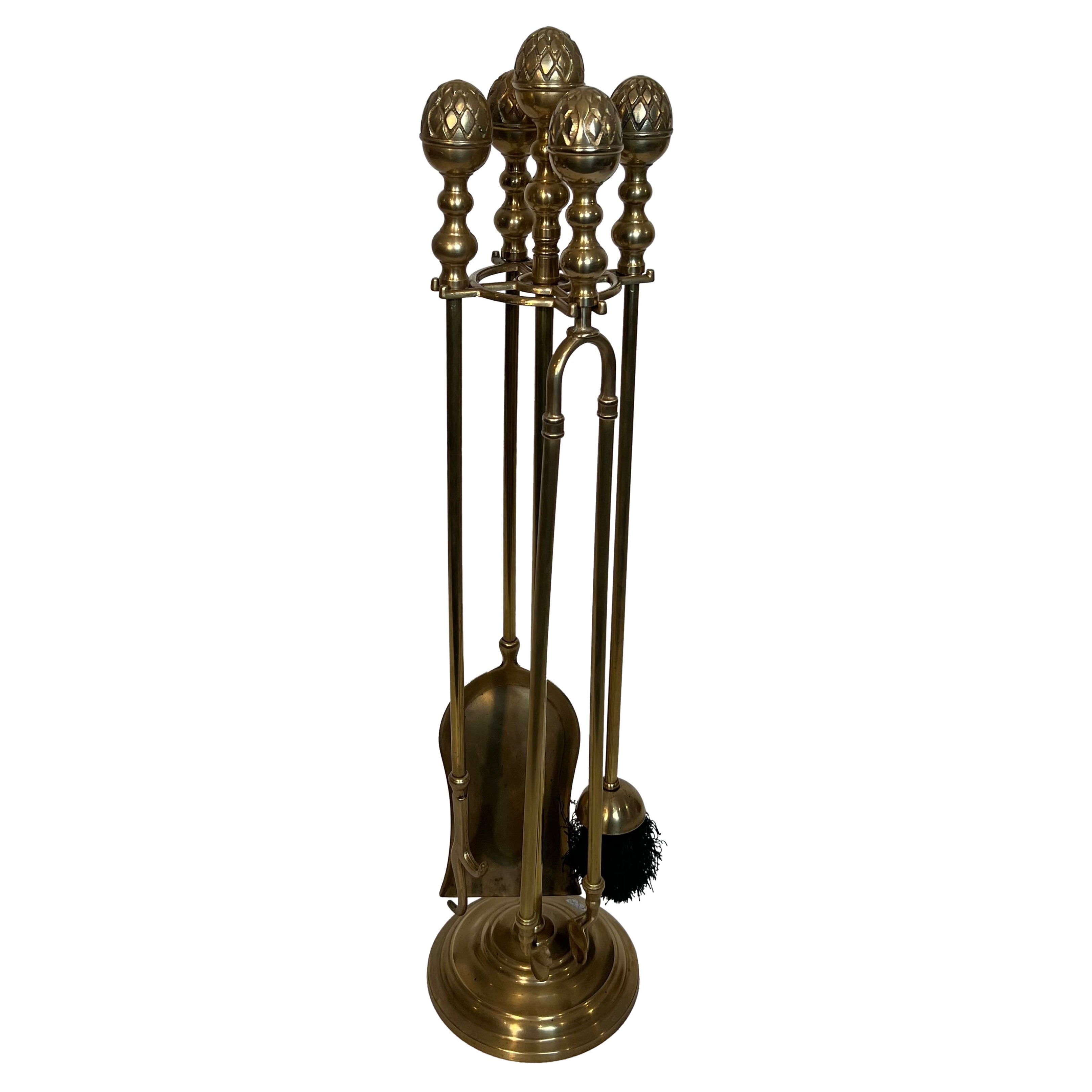 Neoclassical Style Brass Pineapple Fireplace Tools In the style of Maison Baguès