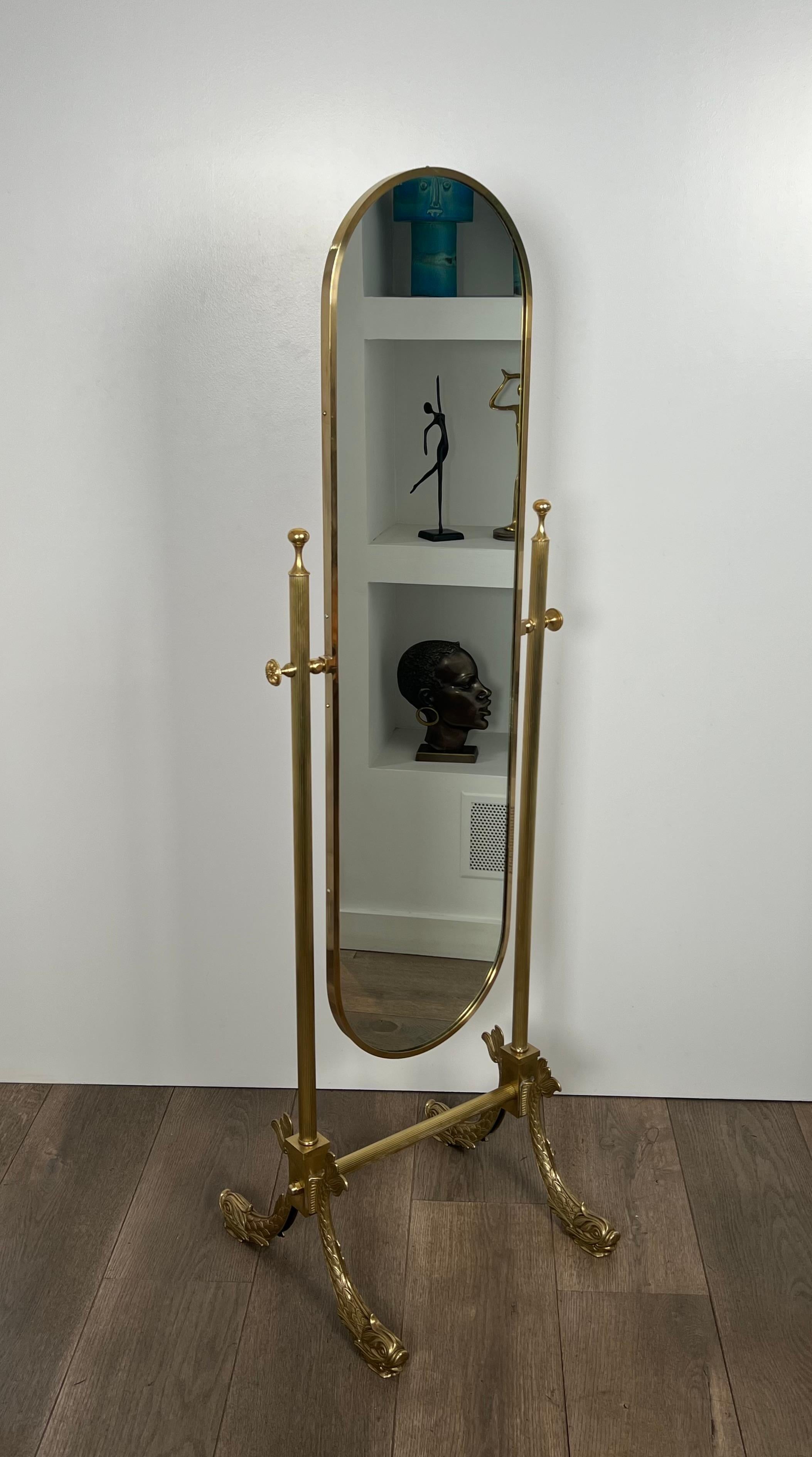 Neoclassical Style Brass Psyche Mirror with Dolphins Base. by Maison Jansen 14