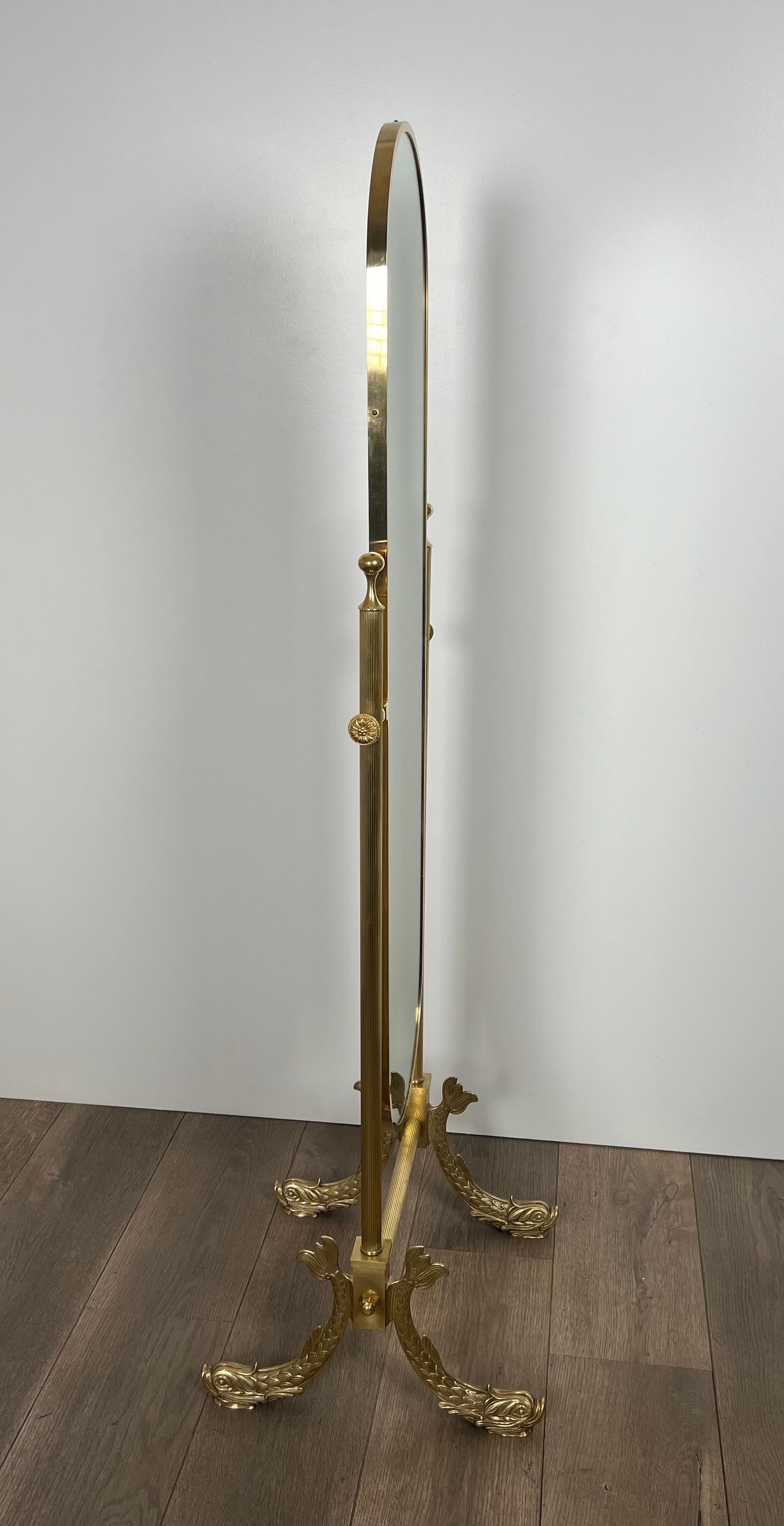 Neoclassical Style Brass Psyche Mirror with Dolphins Base. by Maison Jansen 1