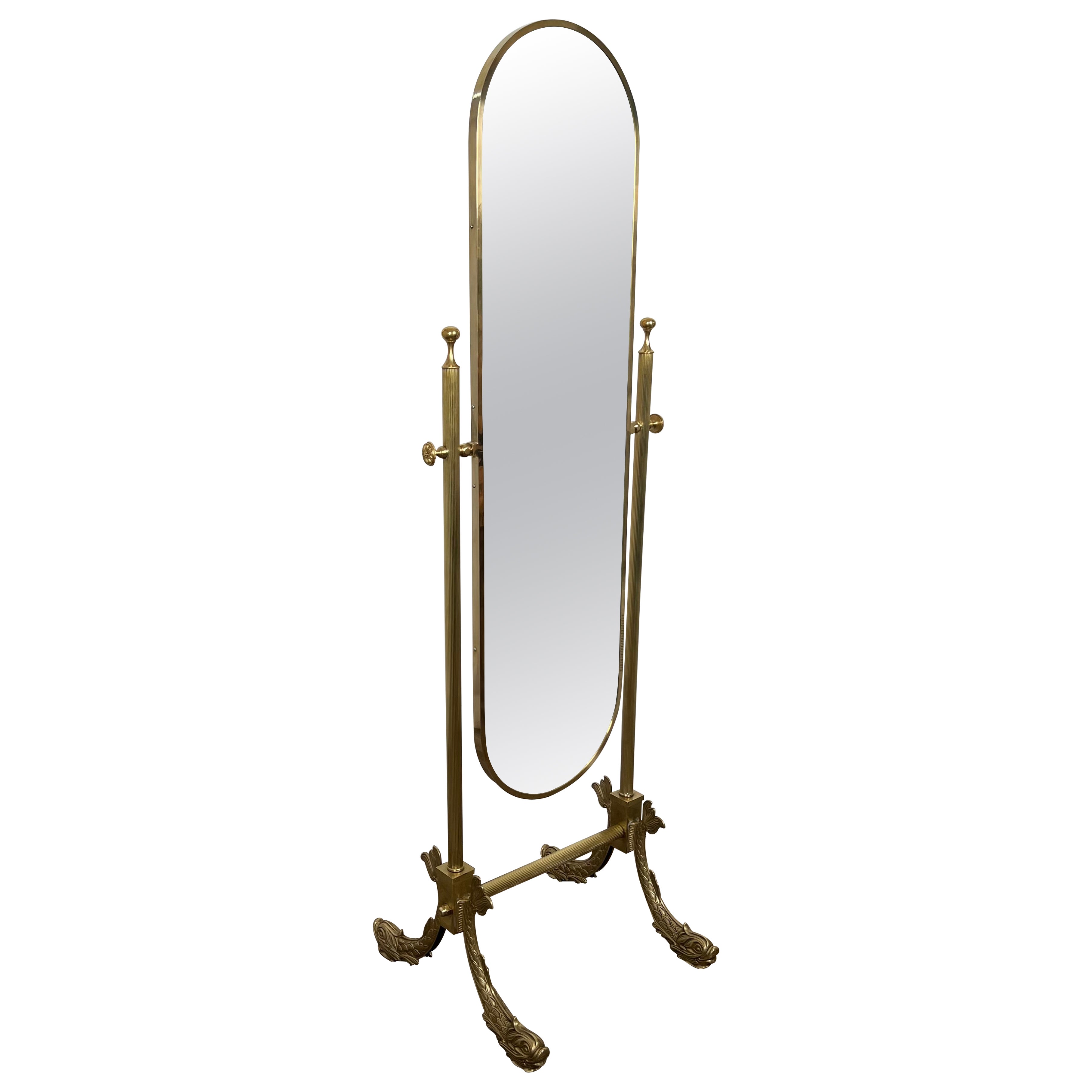 Neoclassical Style Brass Psyche Mirror with Dolphins Base. by Maison Jansen