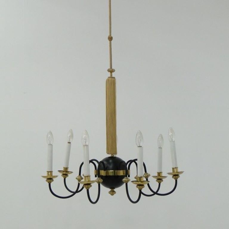 Lampadario austriaco a sette luci in ottone e seta, Austria, anni '30 in vendita 9