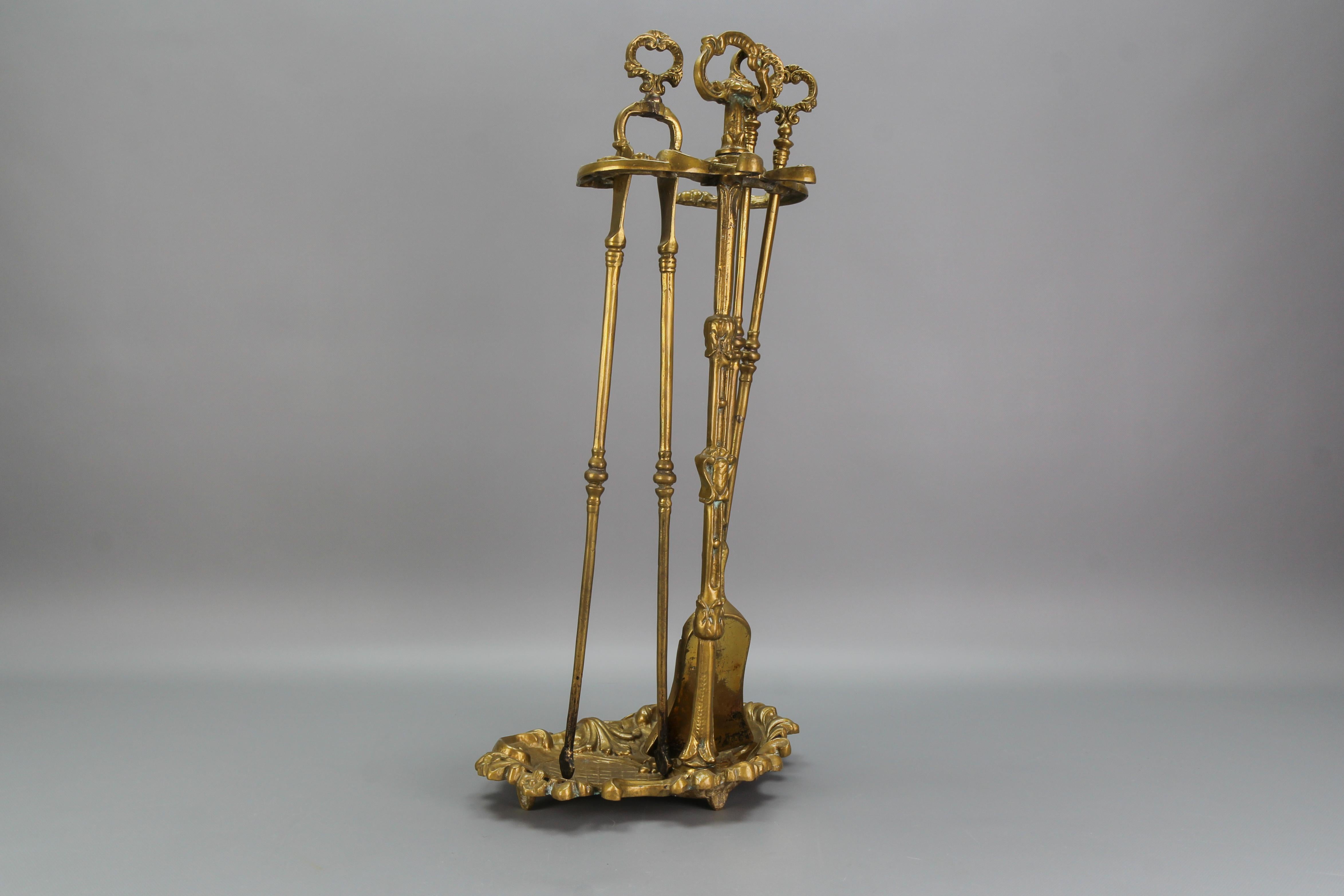 Neoclassical Style Bronze and Brass Fireplace Tool Set, France, 1950s 3