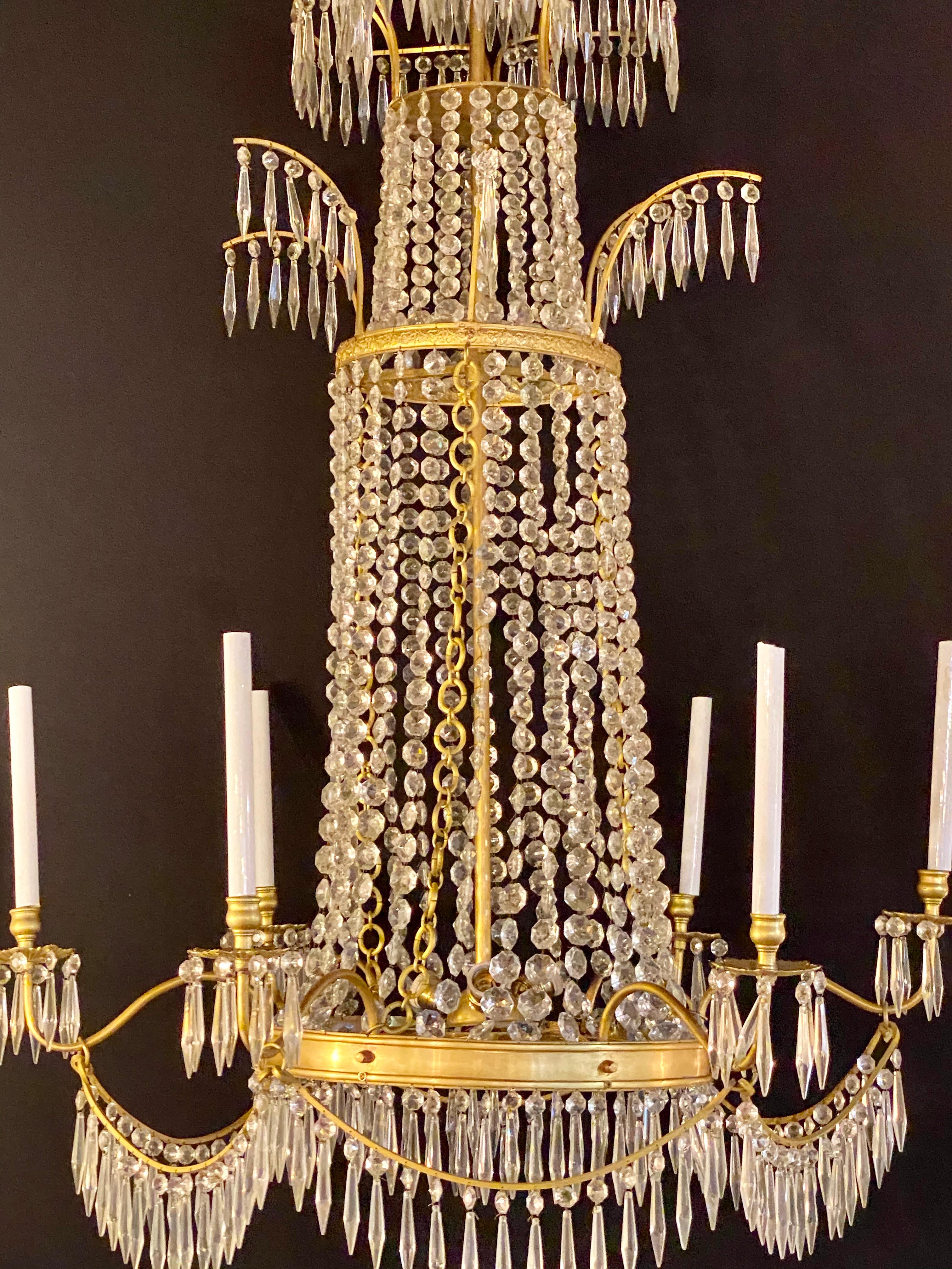 20th Century Neoclassical Style Bronze and Crystal Monumental Chandeliers, a Pair For Sale