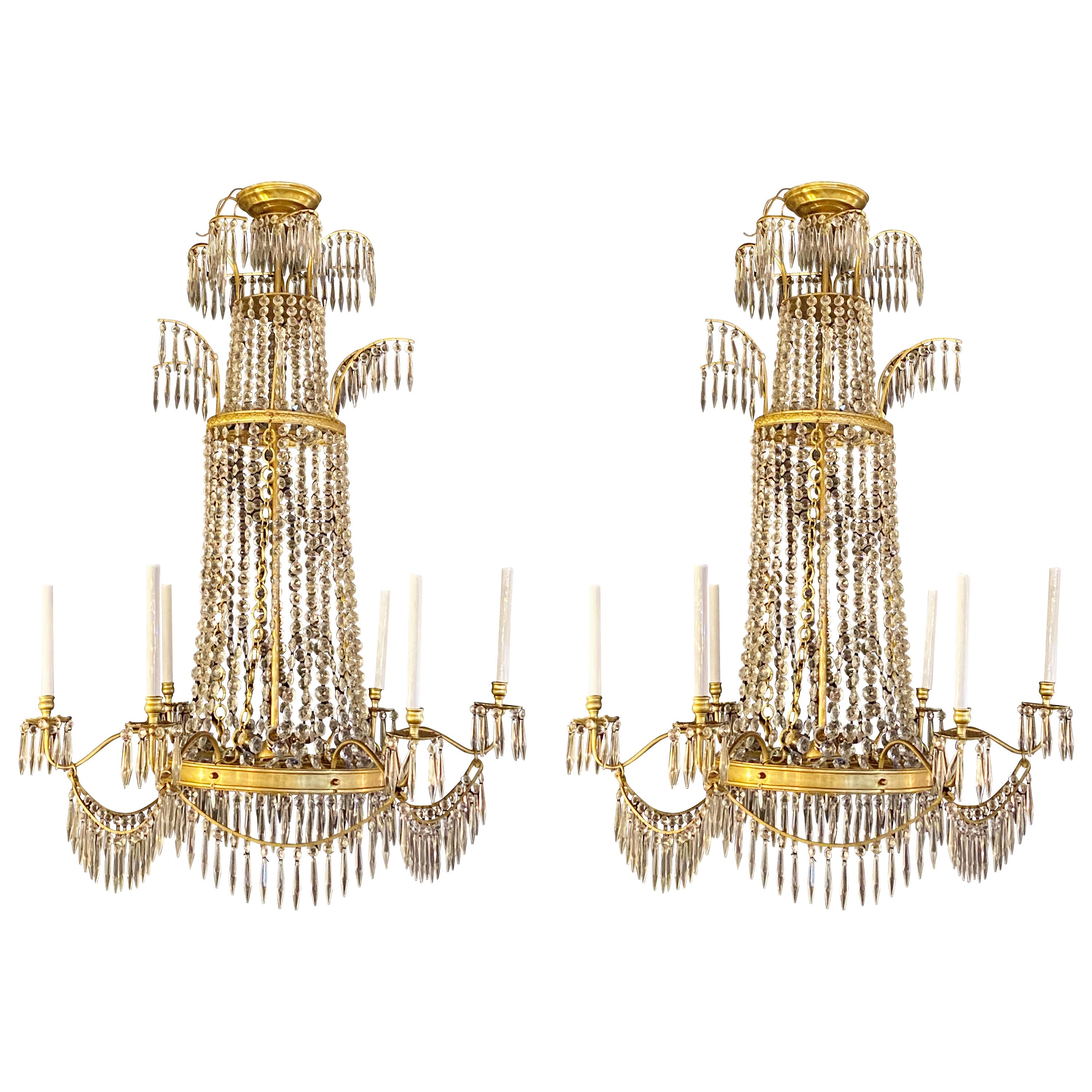 Neoclassical Style Bronze and Crystal Monumental Chandeliers, a Pair For Sale