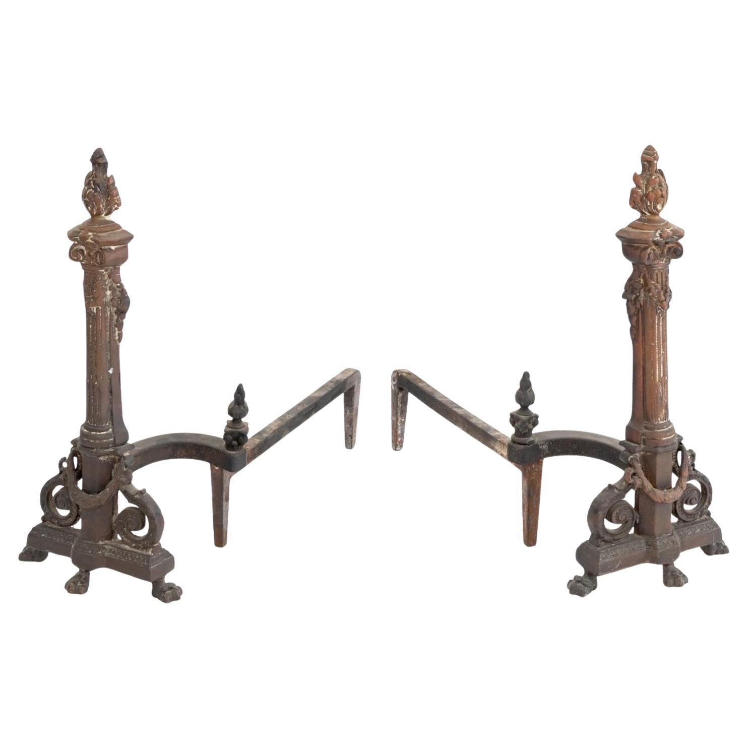 Neoclassical Style Bronze Andirons, Pair For Sale
