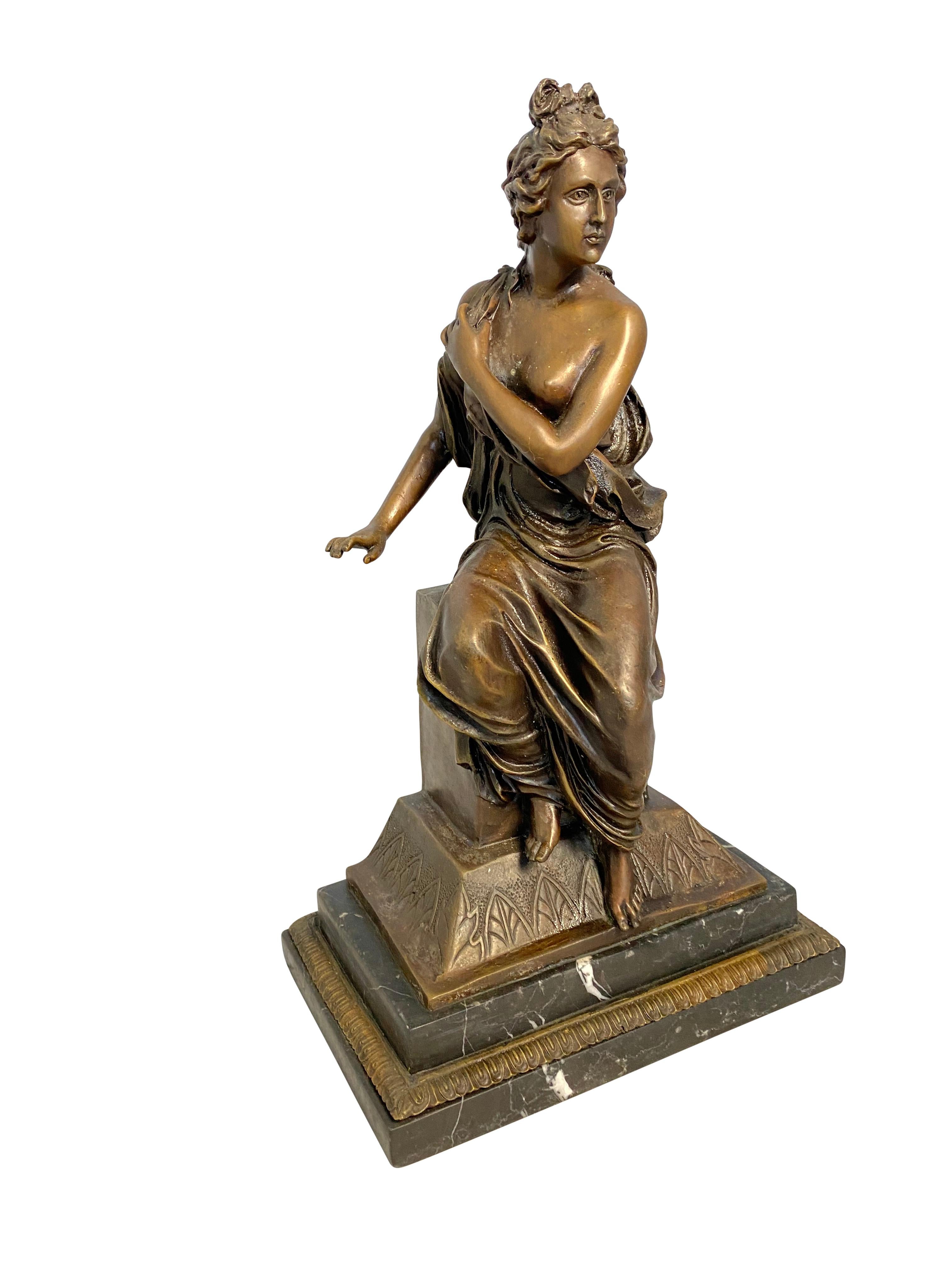French Neoclassical Style Bronze Lady on Detailed Plinth Base, 20th Century For Sale