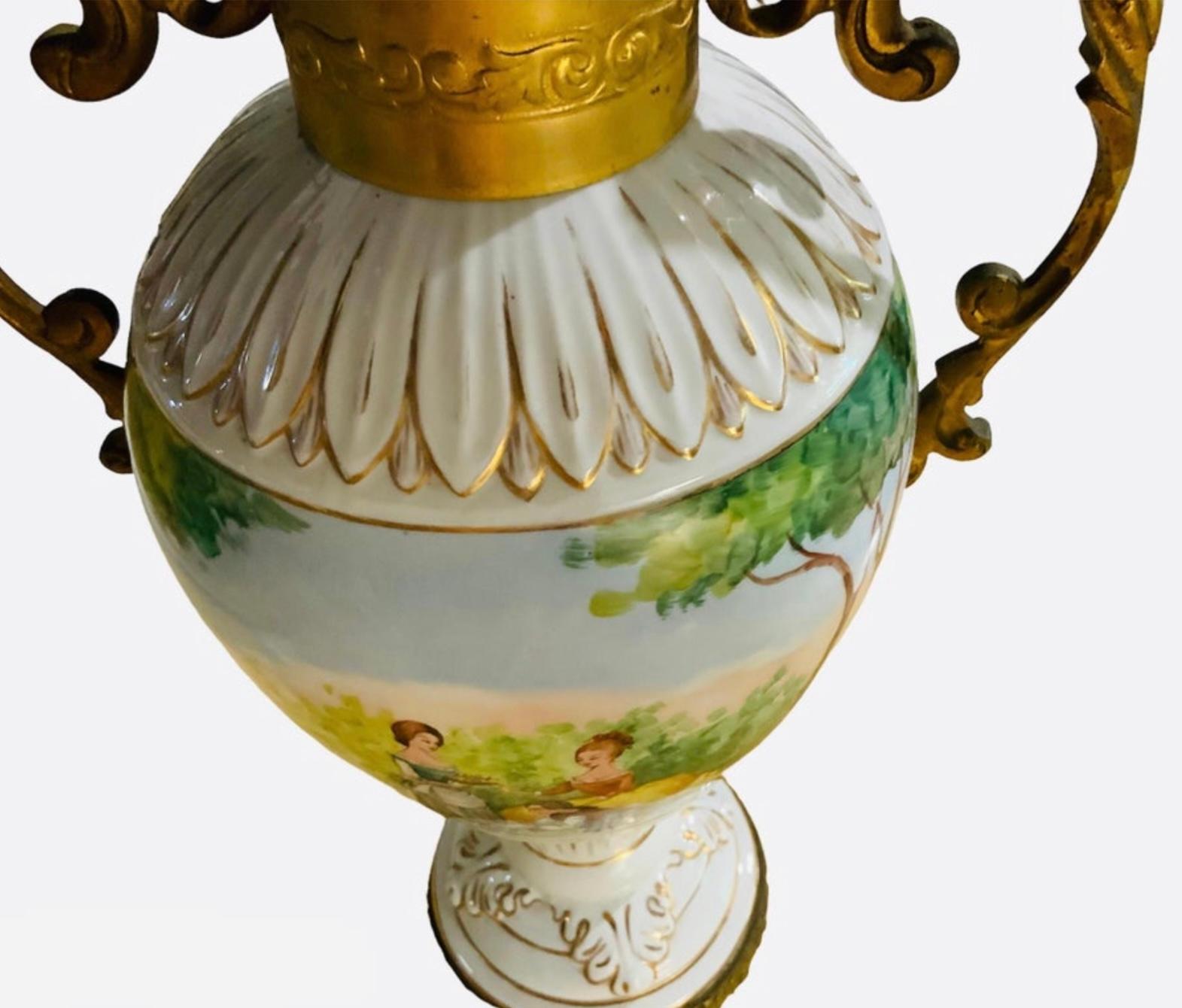 Neoclassical Style Bronze Mounted Hand Painted Porcelain Urn For Sale 2