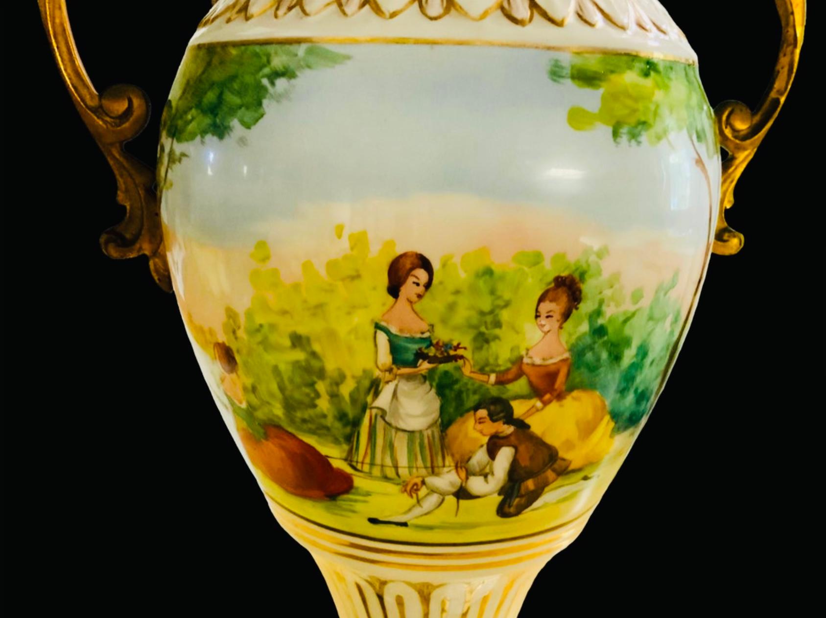Neoclassical Style Bronze Mounted Hand Painted Porcelain Urn For Sale 4