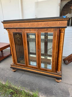 Neoclassical Style Burlwood Lighted Vitrine w/ Roman columns and Carved Crest