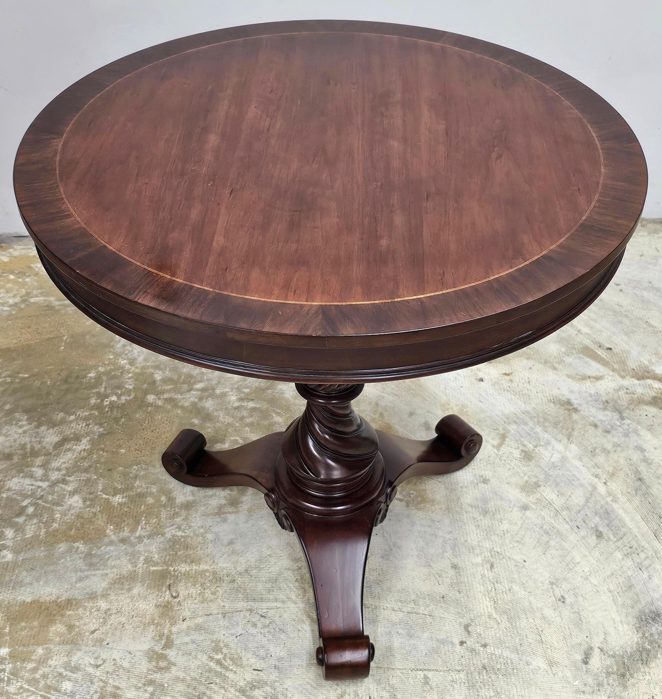 20th Century Neoclassical Style Carved and Cross-Banded Mahogany Pedestal Center Table For Sale
