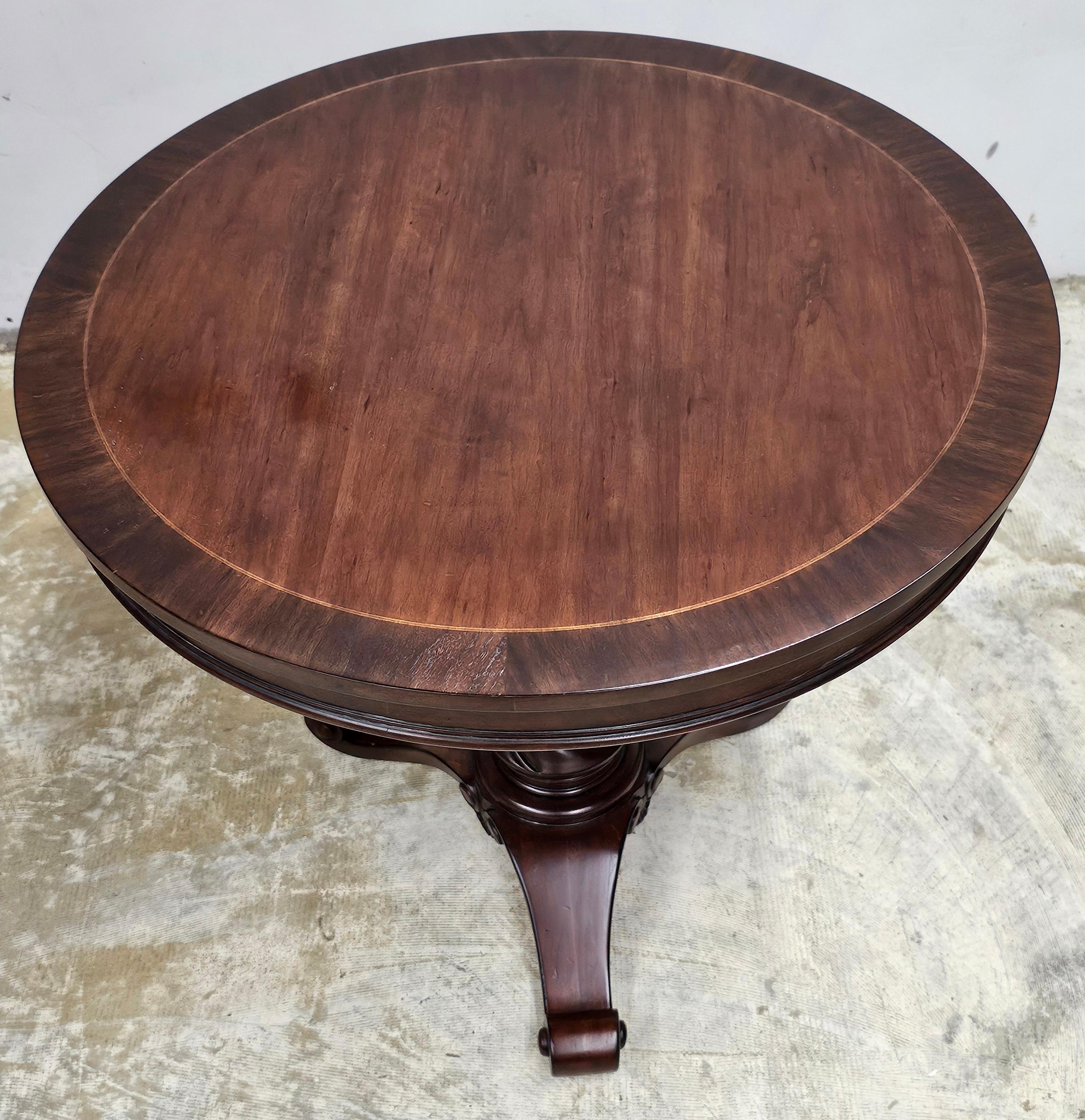 Oak Neoclassical Style Carved and Cross-Banded Mahogany Pedestal Center Table For Sale