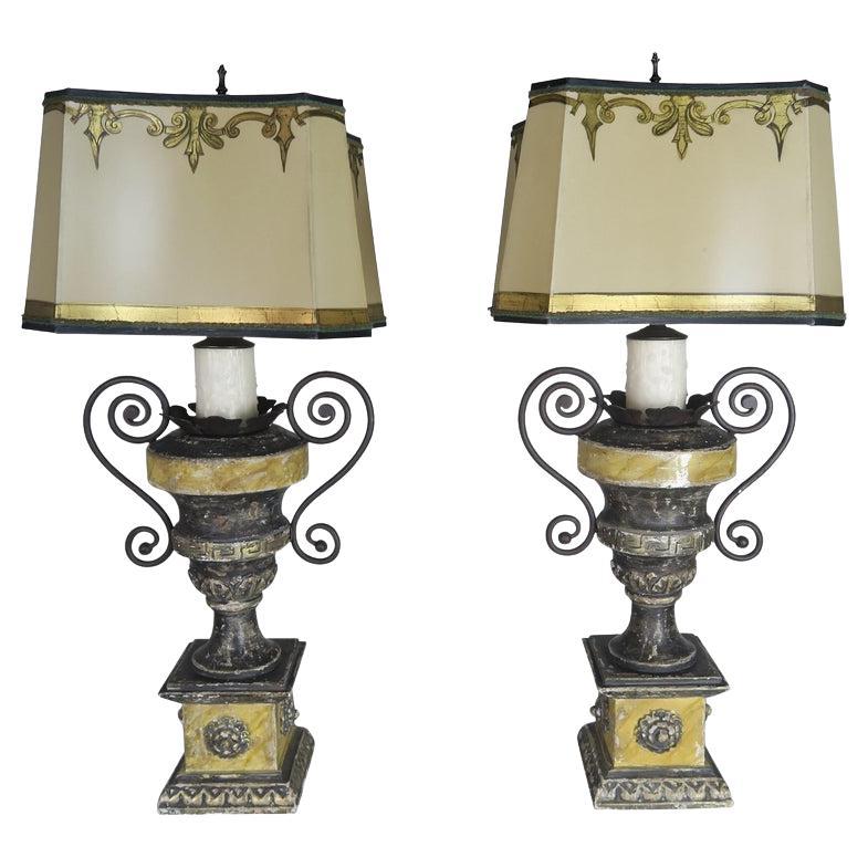 Neoclassical Style Carved Urn Lamps with Parchment Shades, a Pair