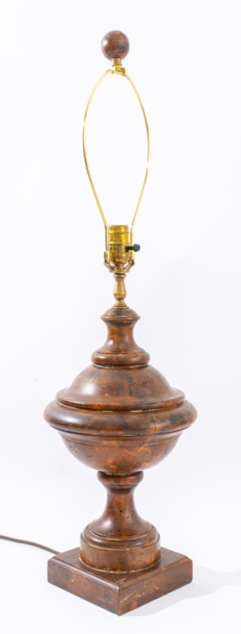 Neoclassical style carved wood urn shape table lamp. Diameter. Provenance: From a 485 Park Avenue Estate