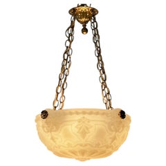 Neoclassical Style Cast Glass and Brass Pendant Light Fixture, Circa 1910