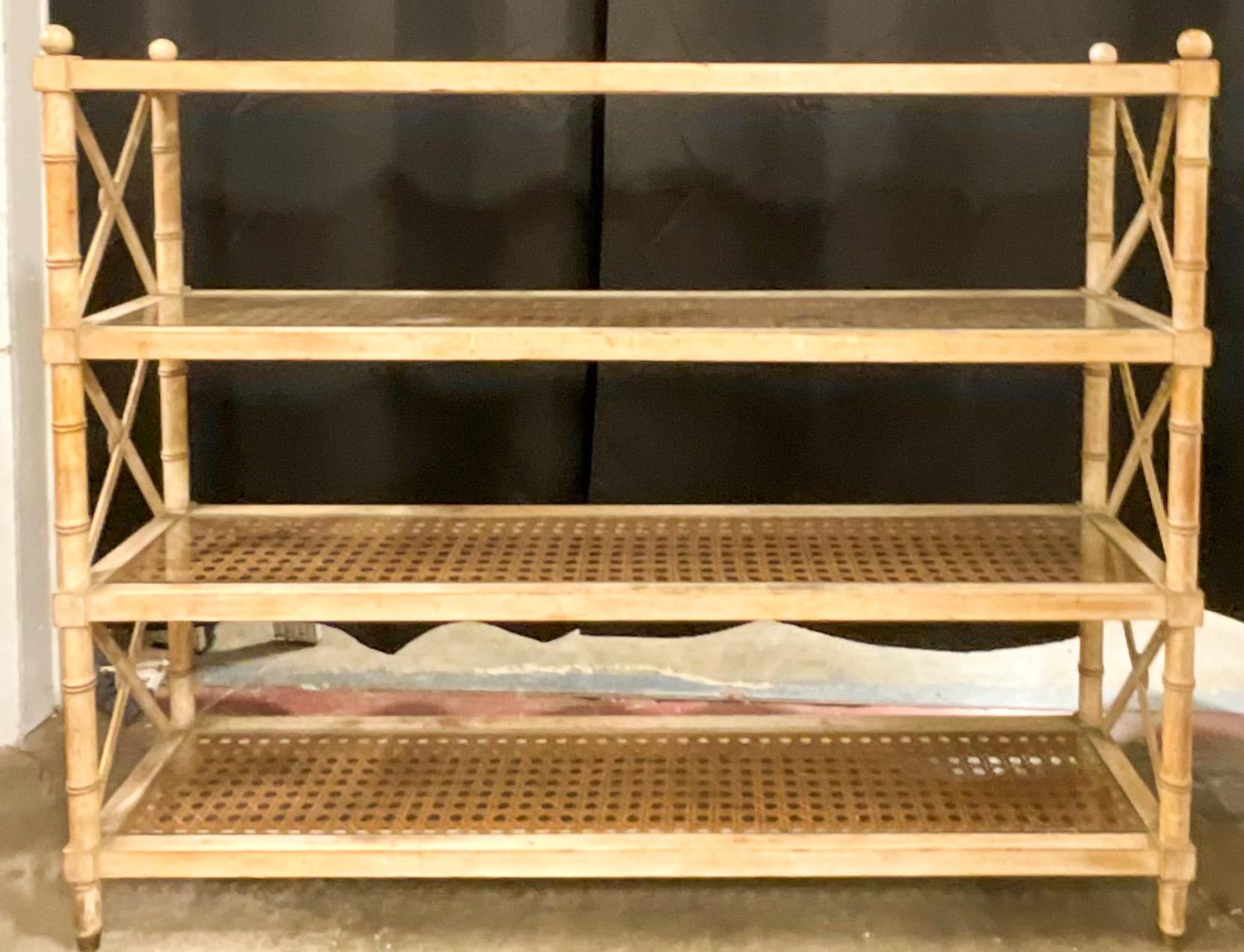 American Neoclassical Style Cerused Pine and Cane Faux Bamboo Etagere / Bookcase