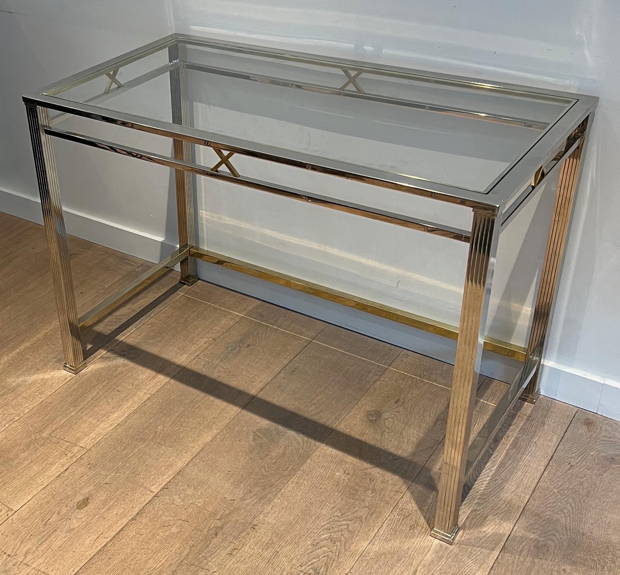 Neoclassical style chrome and brass desk. Italian work. Circa 1970 In Good Condition For Sale In Marcq-en-Barœul, Hauts-de-France