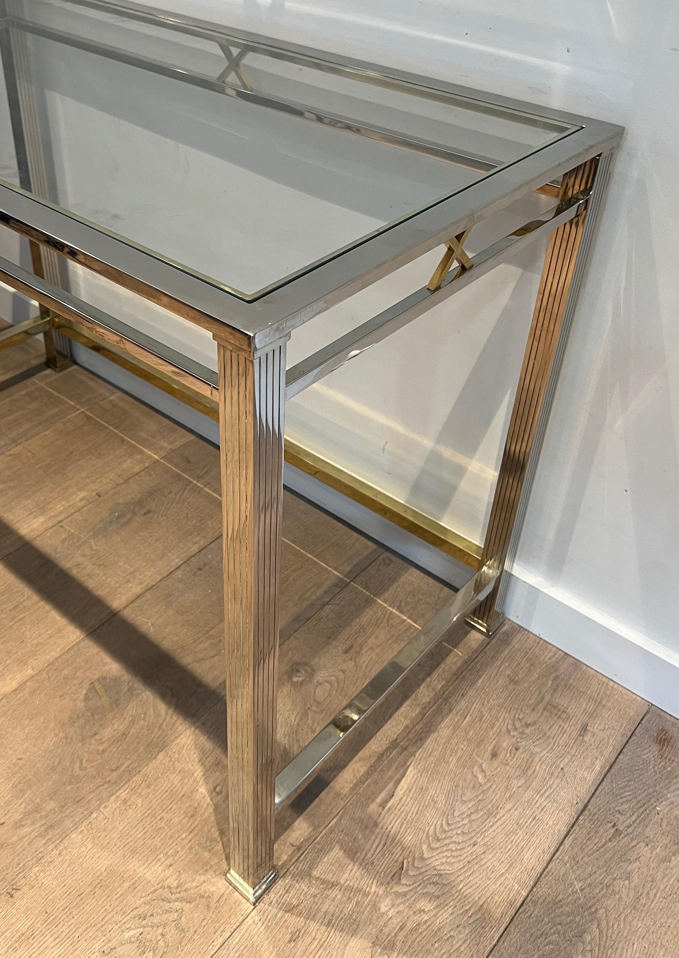 Brass Neoclassical style chrome and brass desk. Italian work. Circa 1970 For Sale