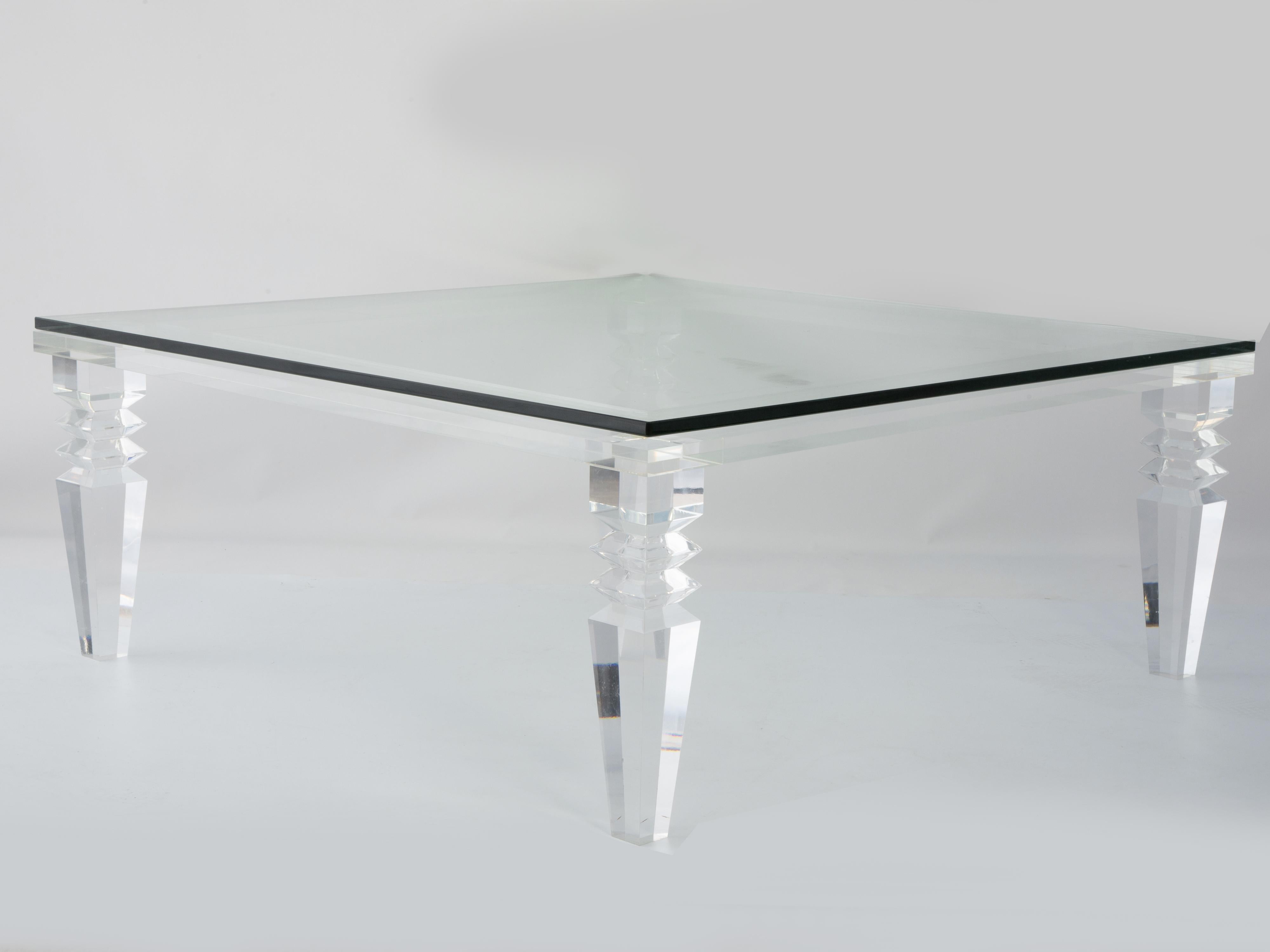 Glass Neoclassical Style Coffee Table with Chunky Lucite Frame For Sale