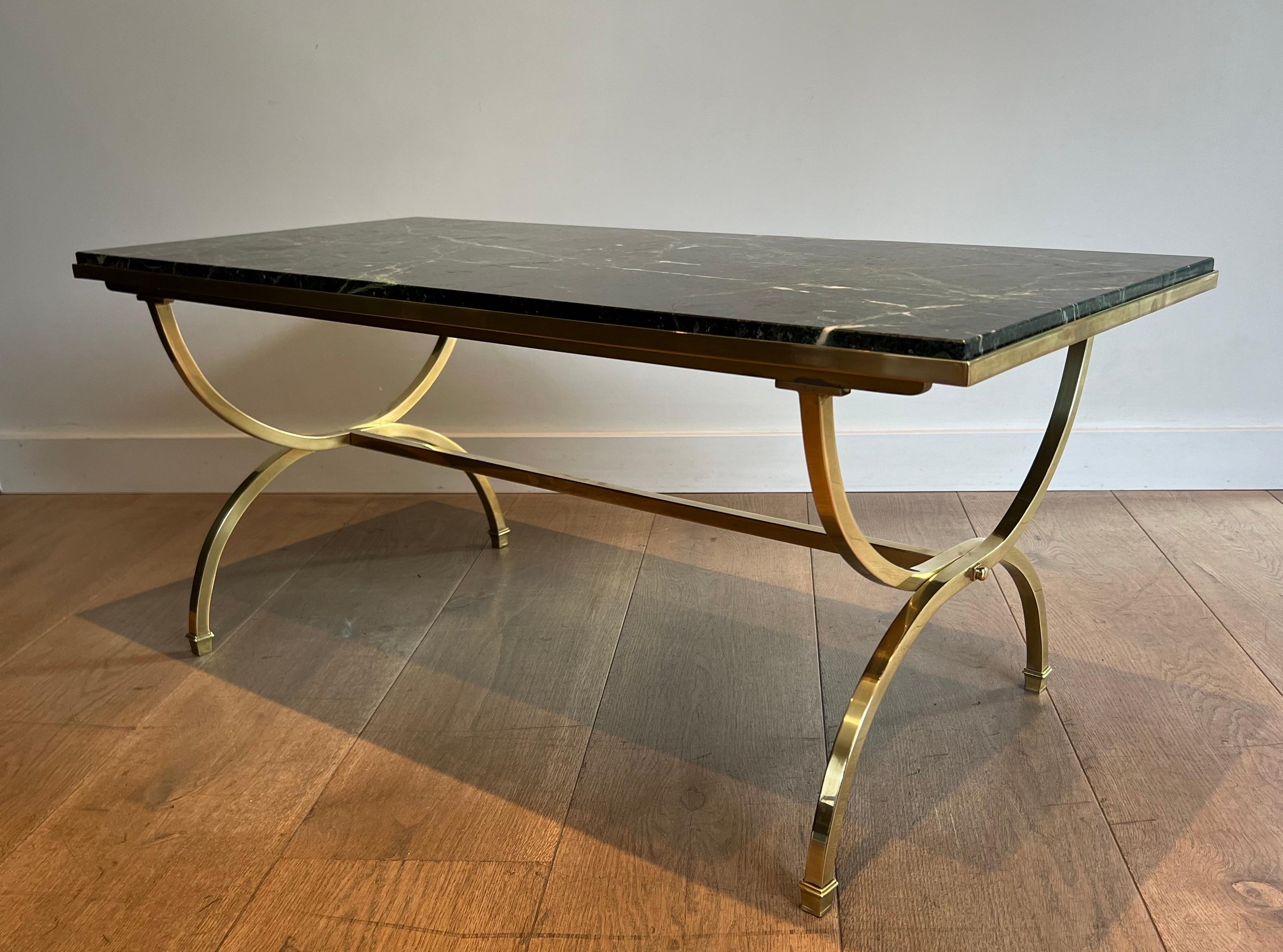 Neoclassical Style Coffee Table with Hoop Brass Base and Green Marble Top For Sale 7