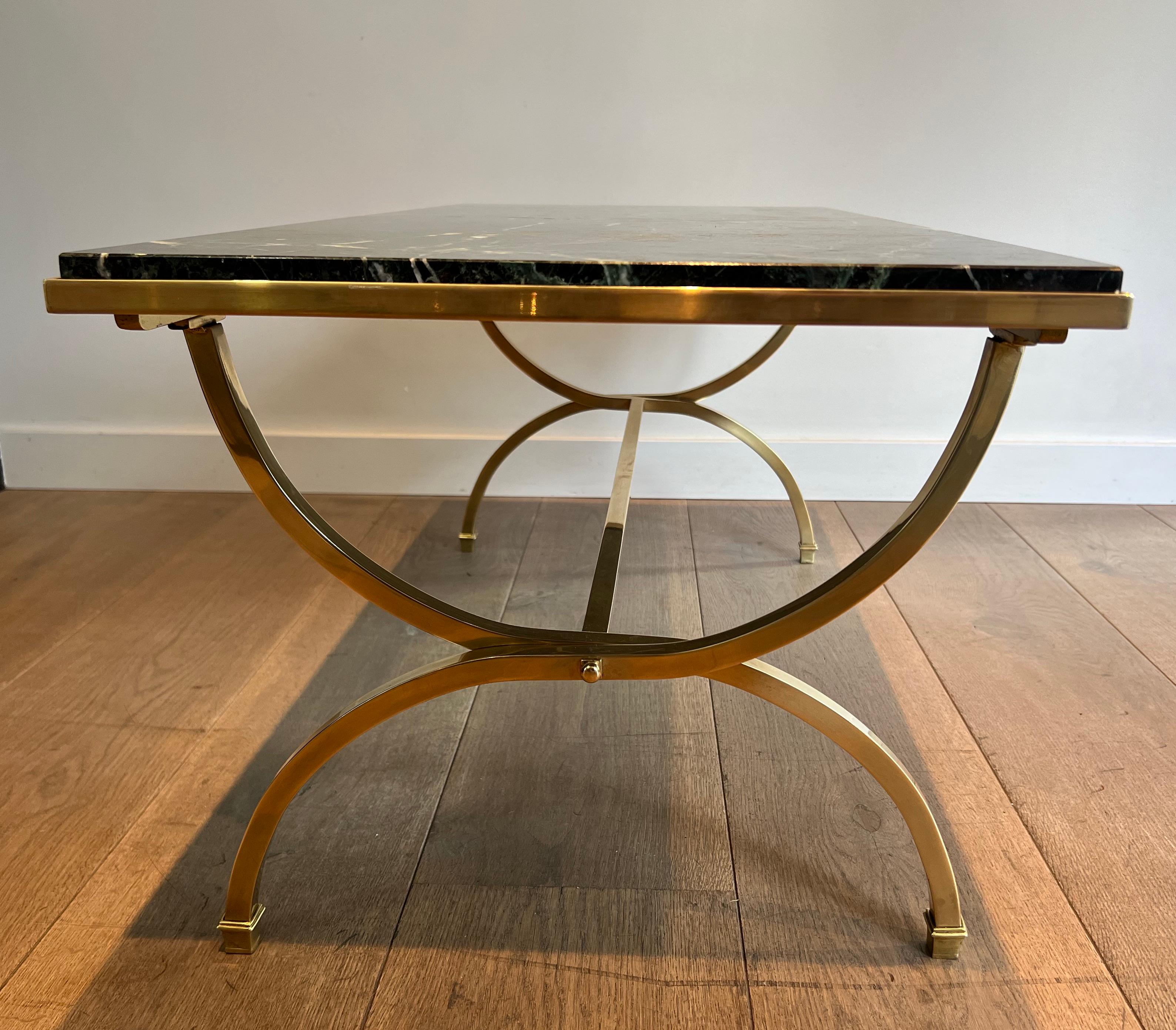 Neoclassical Style Coffee Table with Hoop Brass Base and Green Marble Top For Sale 8