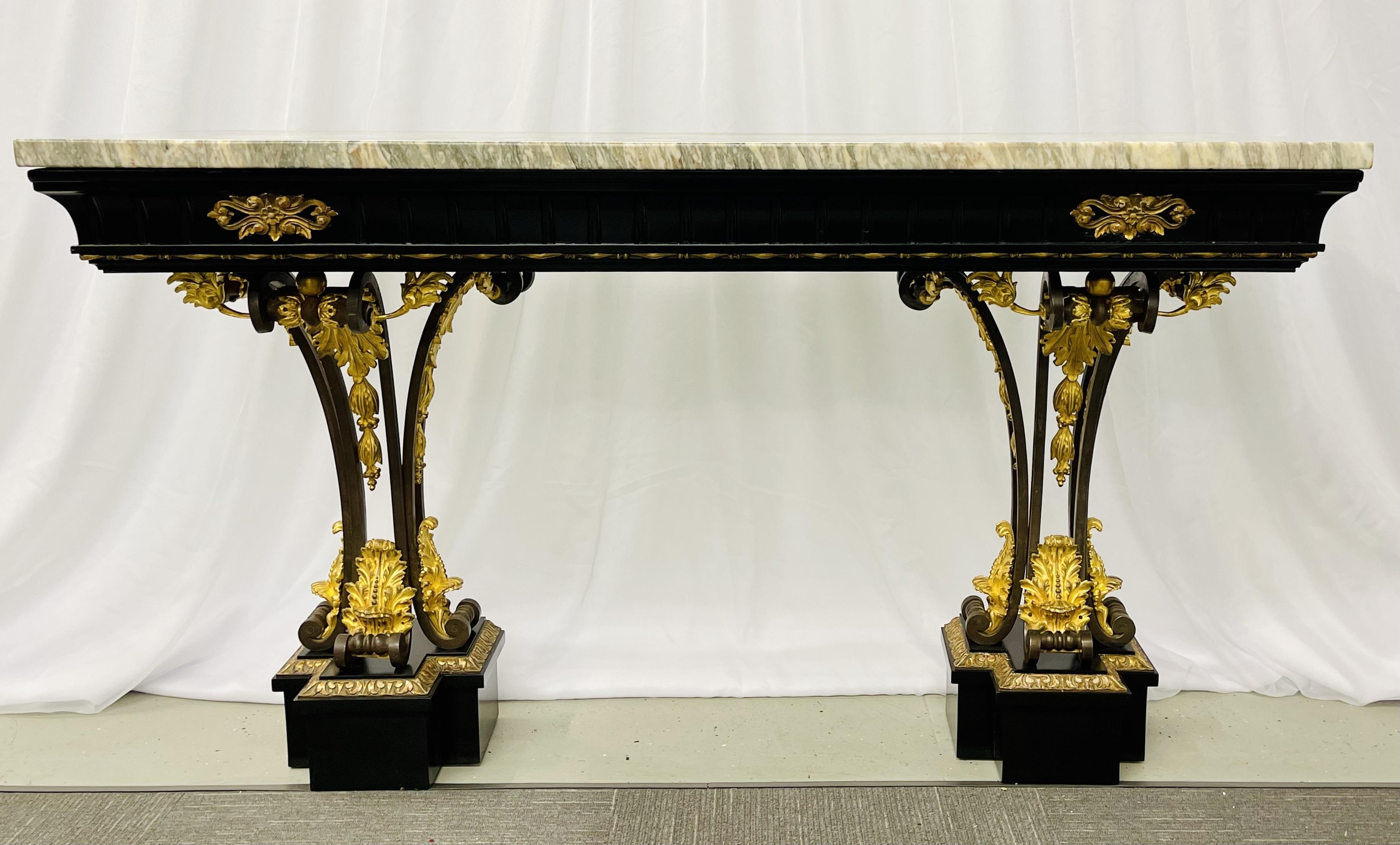 Neoclassical style console table, Refinished, bronze, Celebrity provenance
 
A walnut and parcel bronze and iron two-legged console table with a pink and gray marble top in the Neoclassical taste. Newly refnished in a gorgeous black satin finish