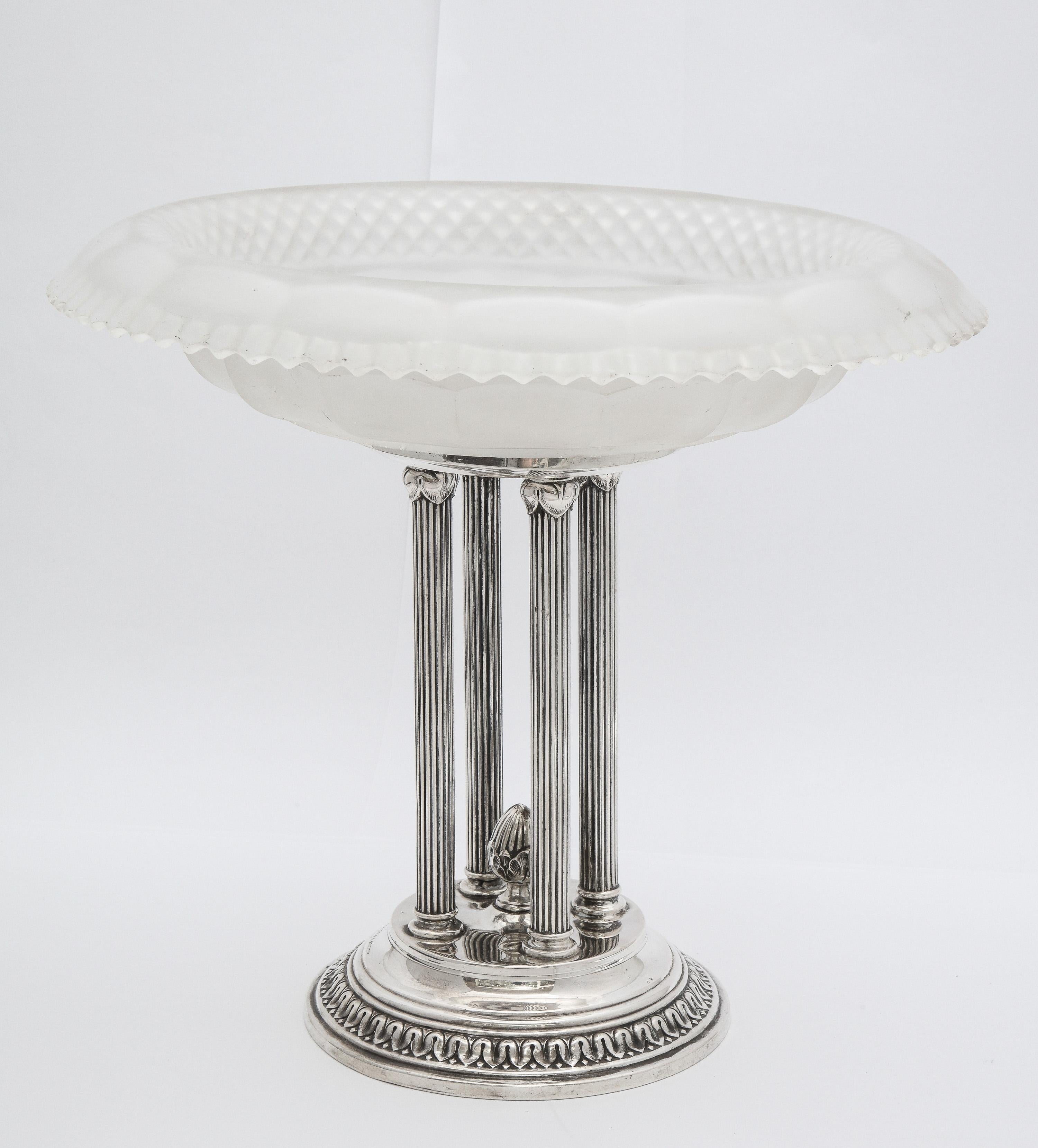 Neoclassical style, Continental Silver (.800) centerpiece, Germany, Ca. 1915, M.T. Wetzlar - maker. The white, frosted glass bowl is supported by four Continental Silver fluted columns. Measures 9 3/4 inches high x 10 inches diameter (across bowl);