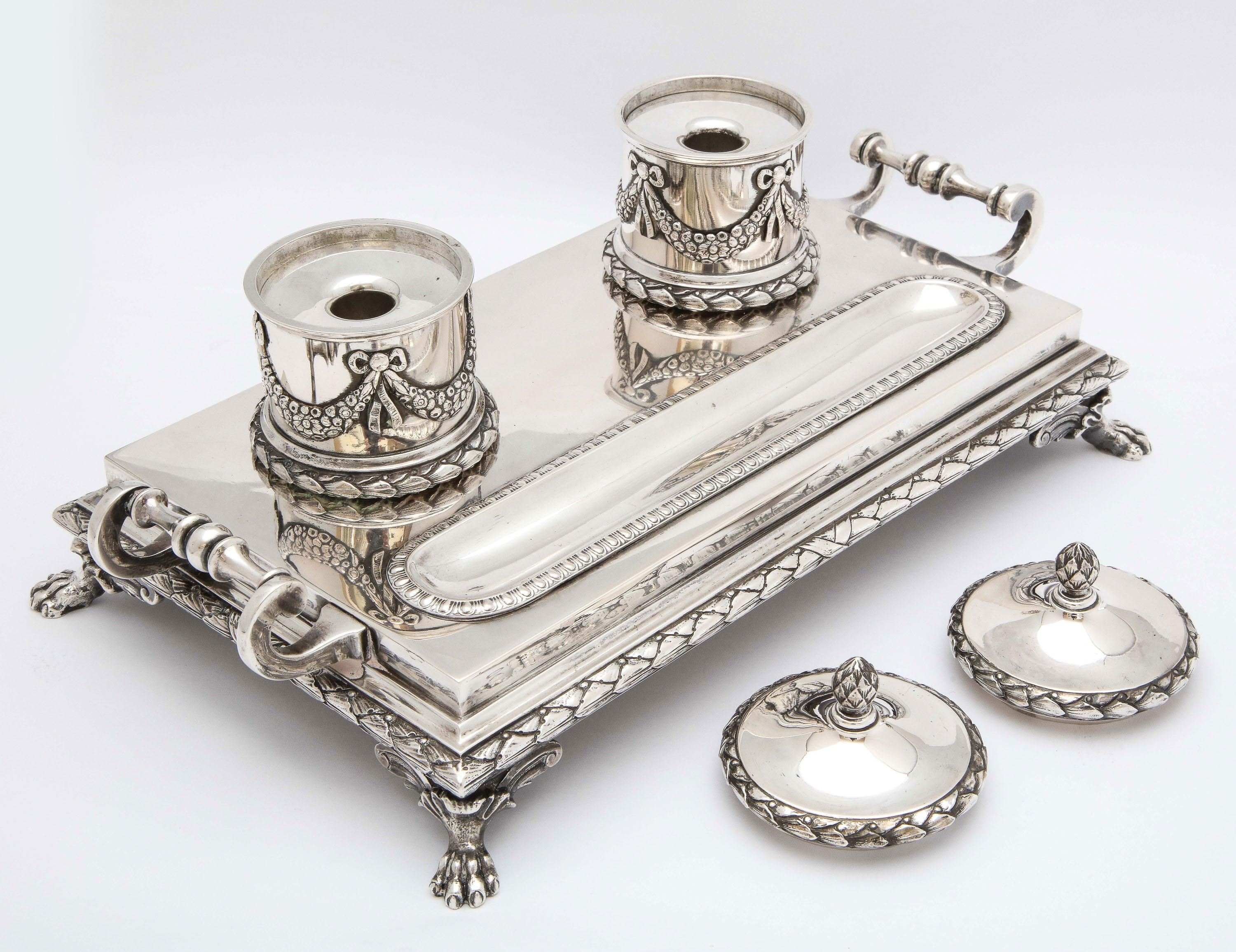 Neoclassical-Style Continental Silver '.800' Footed Double Inkstand by Dragstead For Sale 11