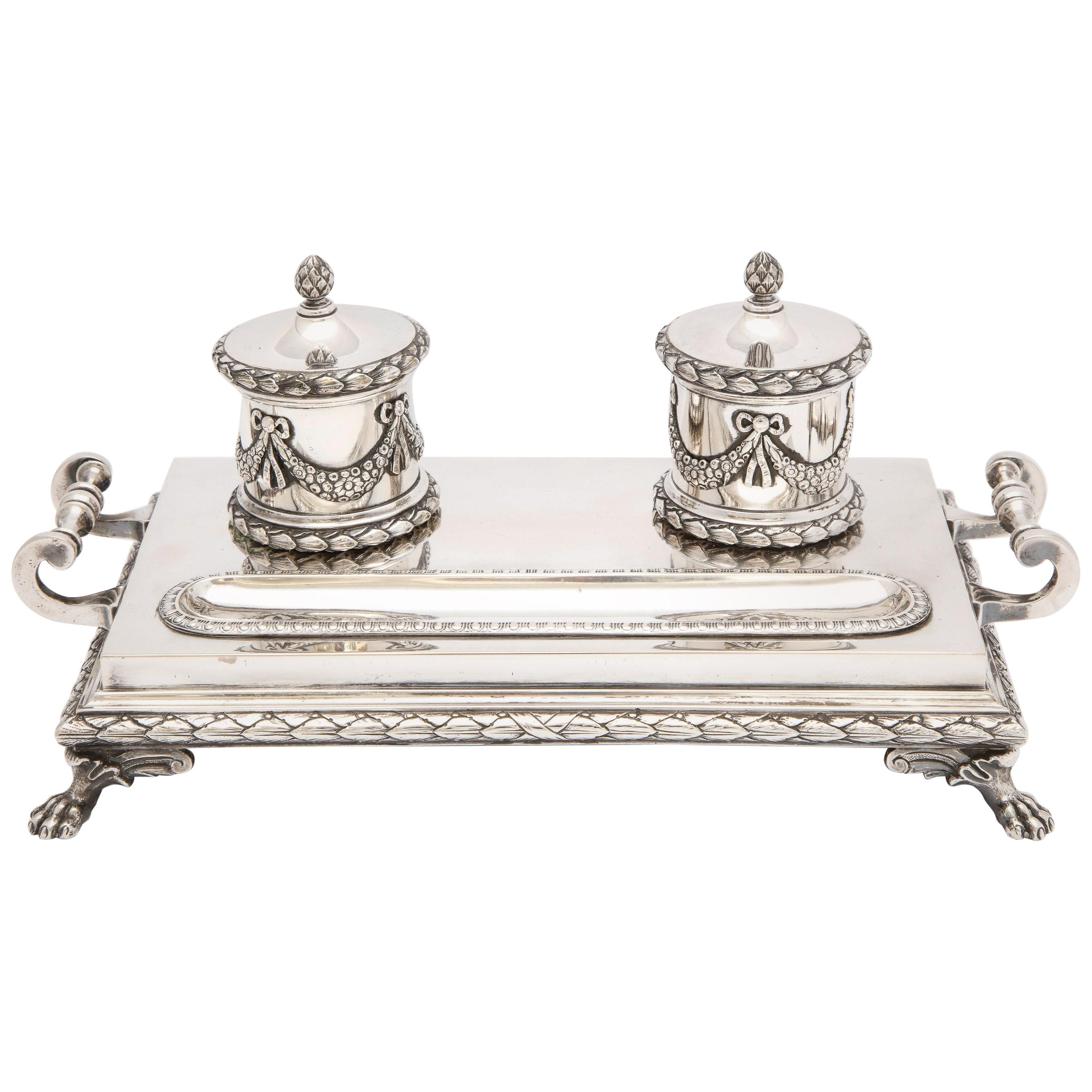 Neoclassical-Style Continental Silver '.800' Footed Double Inkstand by Dragstead For Sale