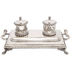 Antique Neoclassical-Style Continental Silver '.800' Footed Double Inkstand by Dragstead