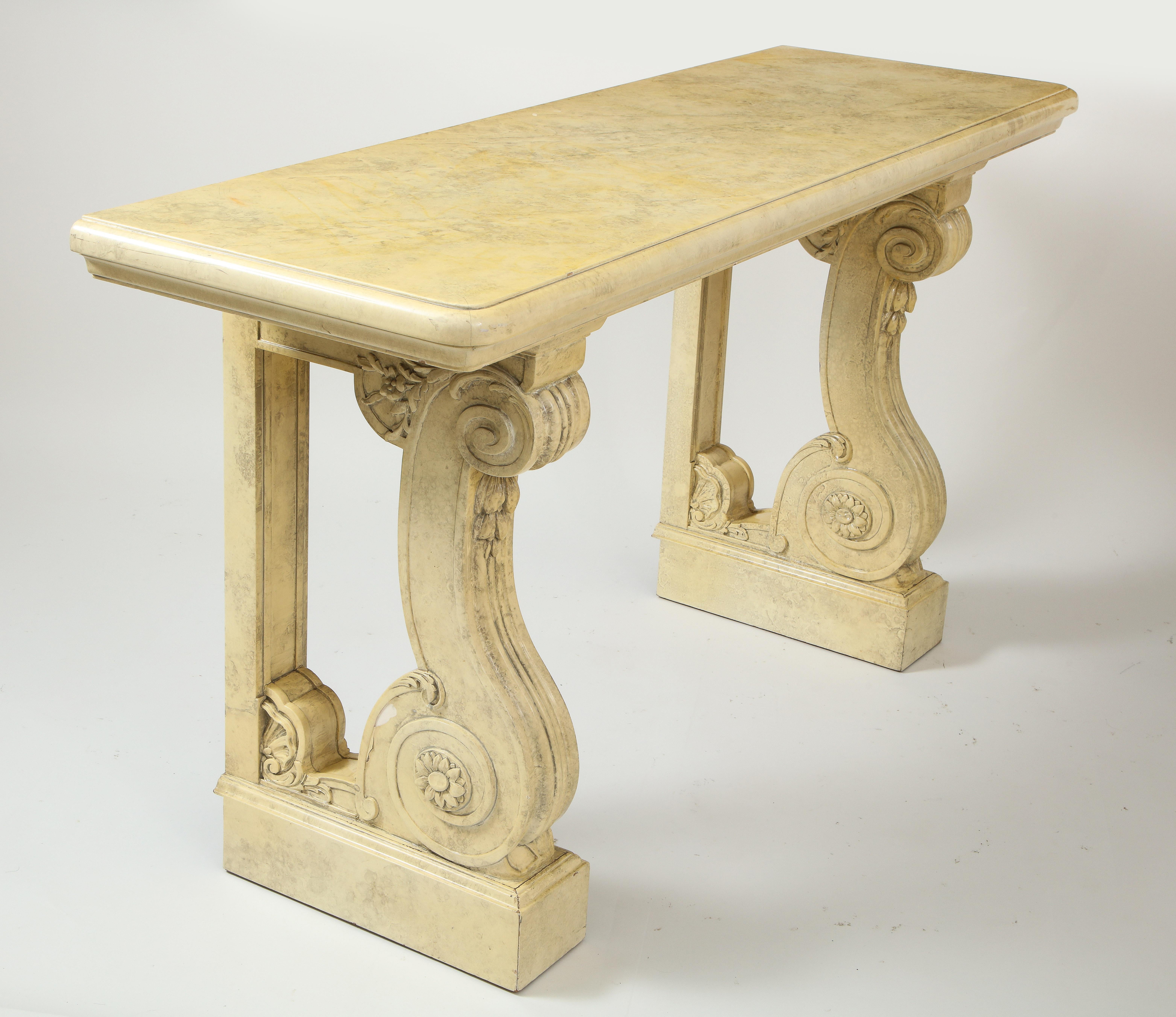 Wood Neoclassical Style Cream Faux Marbre Console Table For Sale