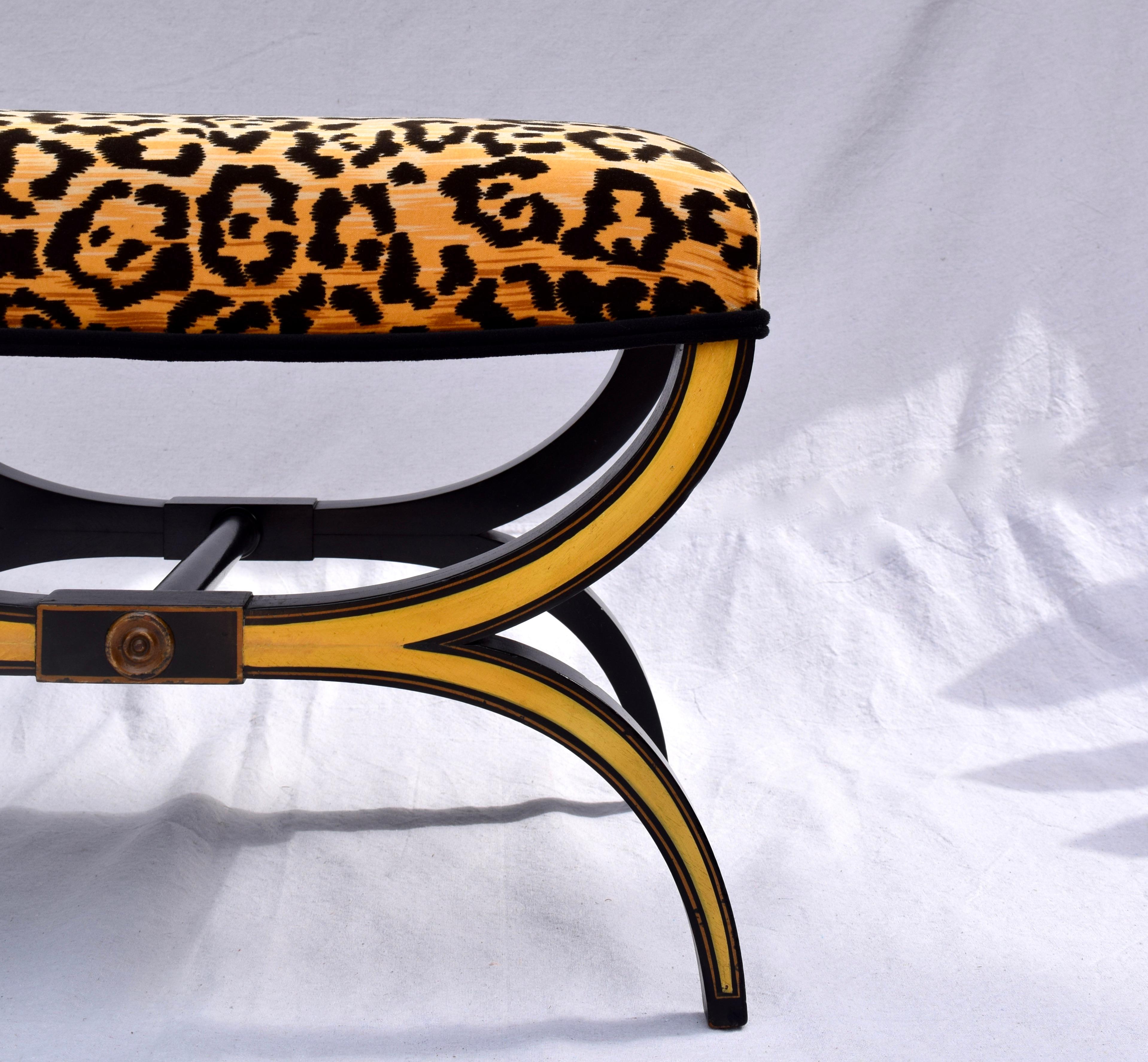 Neoclassical Style Curule Bench or Stool in Velvet Leopard 4
