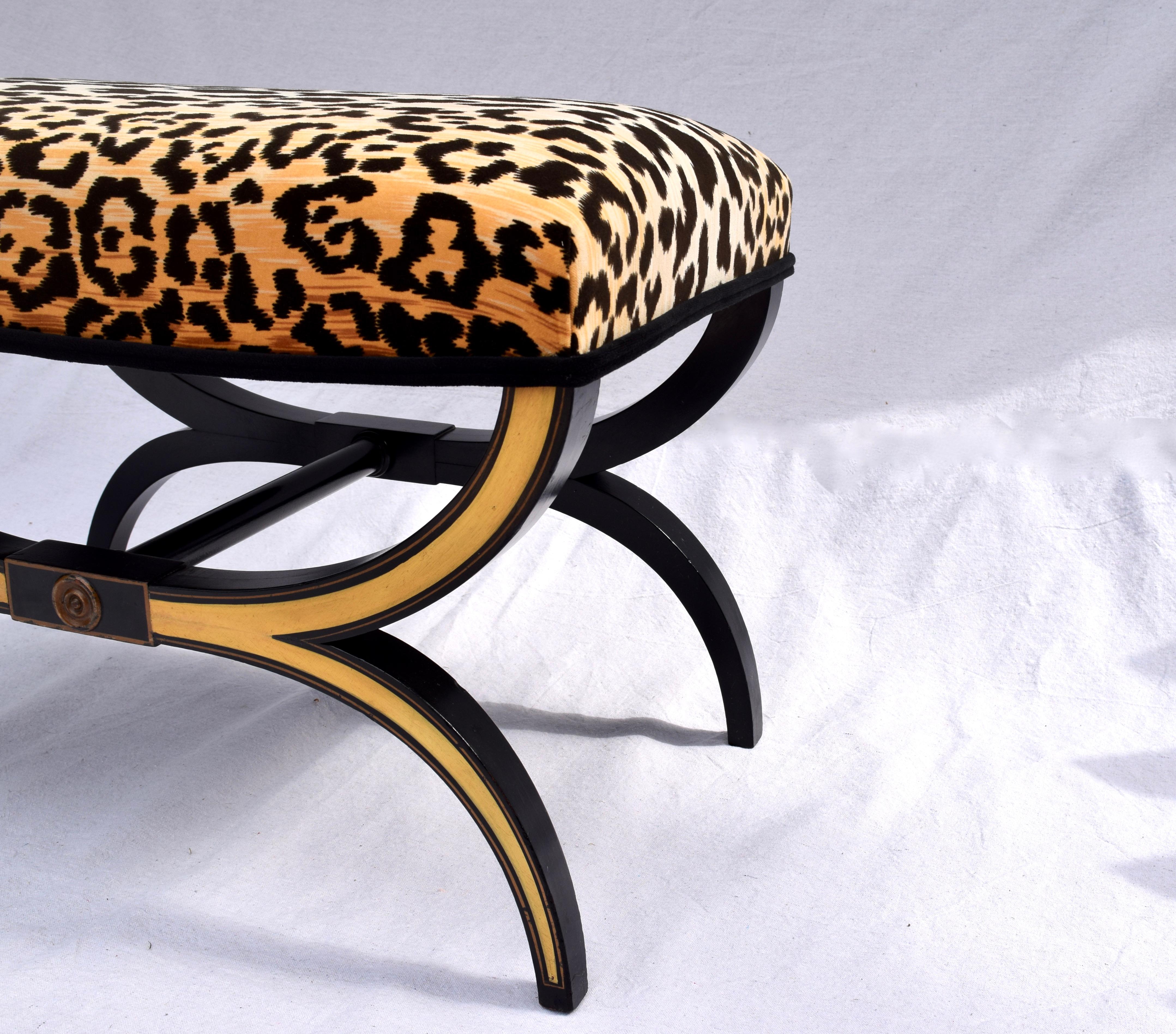 Neoclassical Style Curule Bench or Stool in Velvet Leopard 5