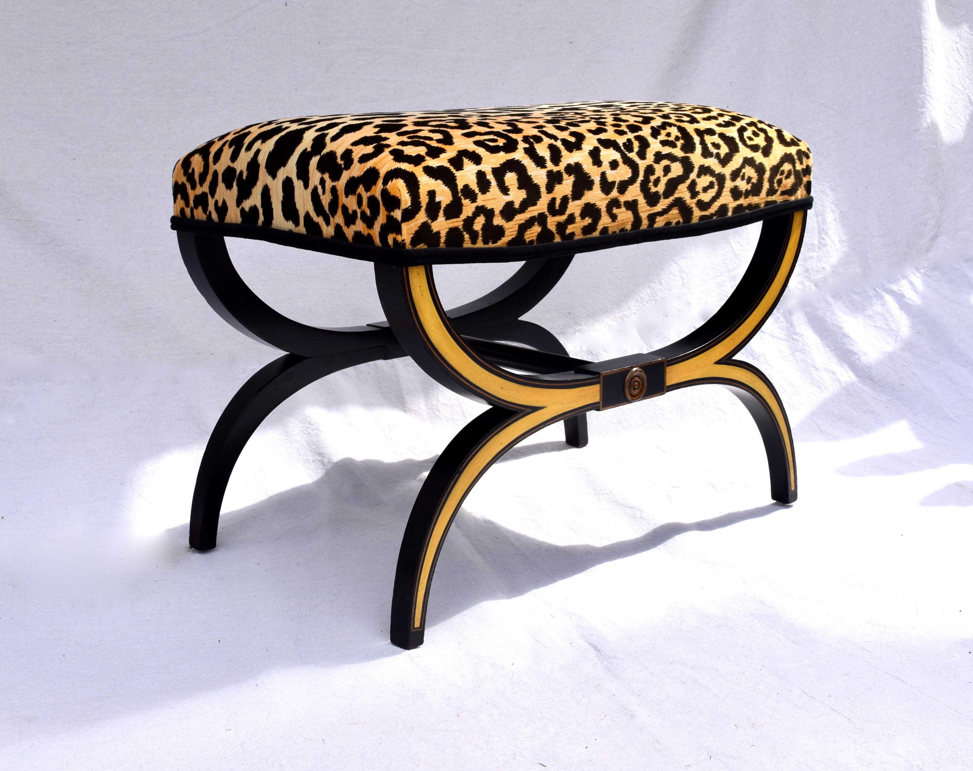 North American Neoclassical Style Curule Bench or Stool in Velvet Leopard
