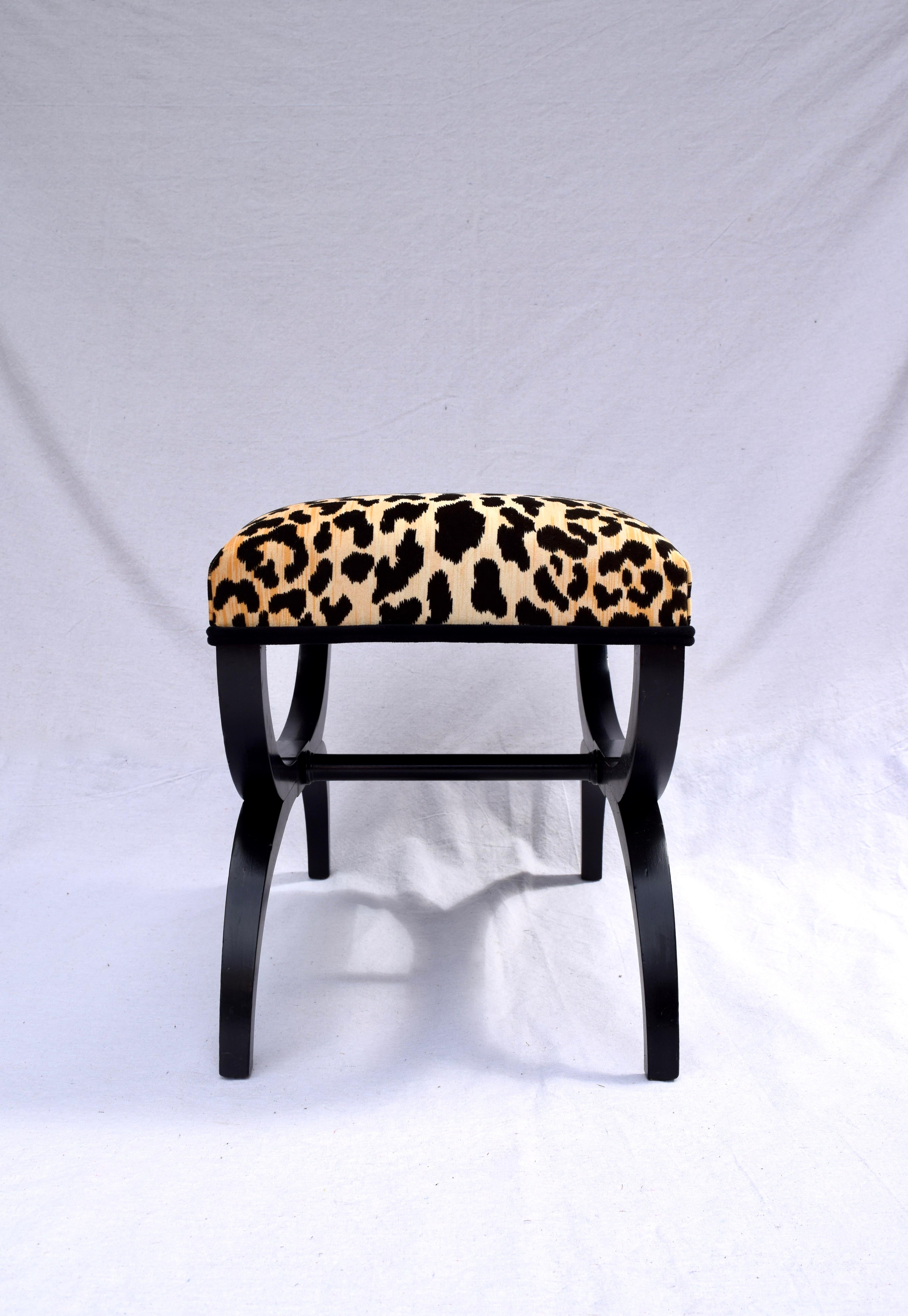 Late 20th Century Neoclassical Style Curule Bench or Stool in Velvet Leopard