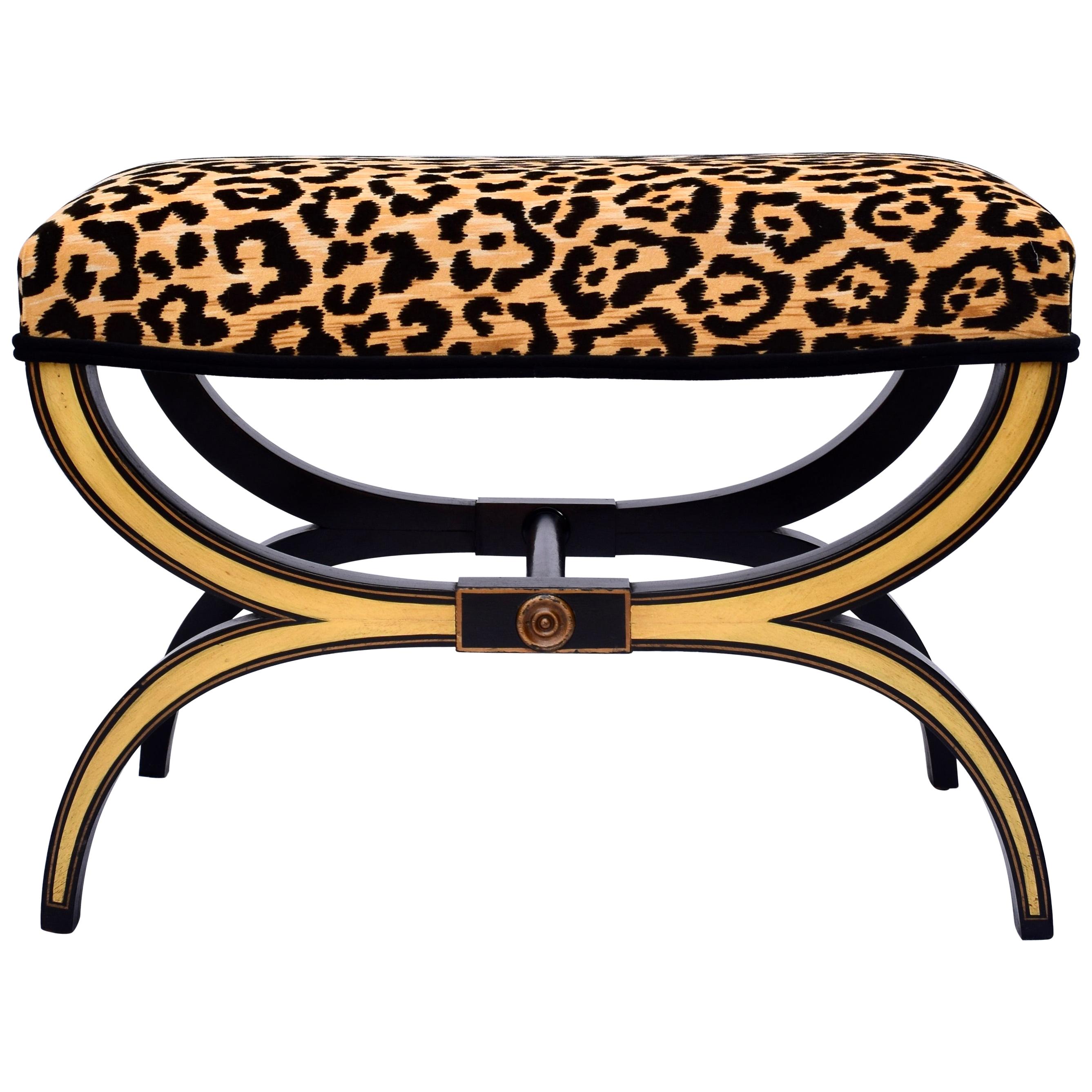 Neoclassical Style Curule Bench or Stool in Velvet Leopard