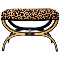 Vintage Neoclassical Style Curule Bench or Stool in Velvet Leopard