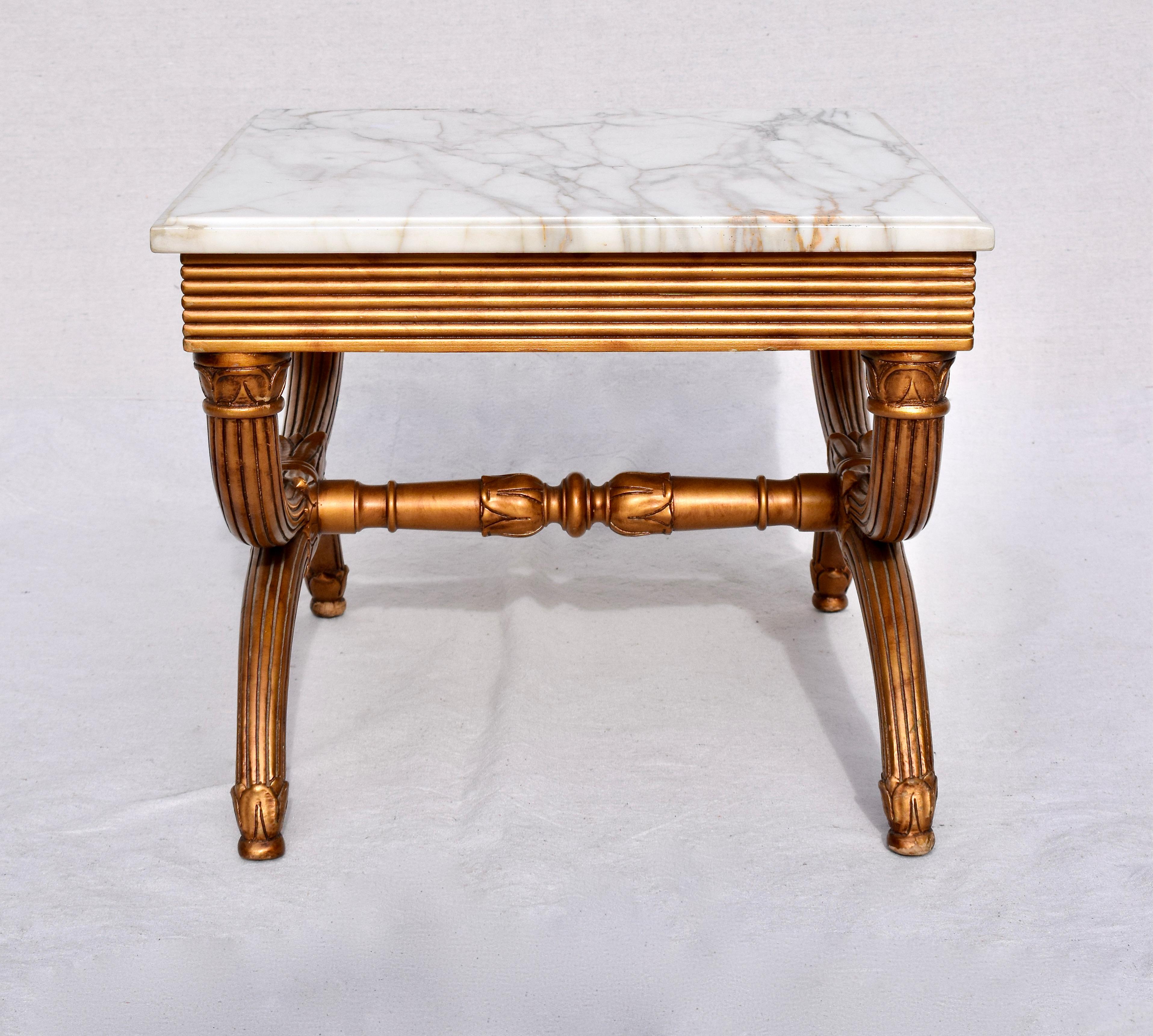 20th Century Neoclassical Style Curule Leg Marble Top Tables, Pair For Sale