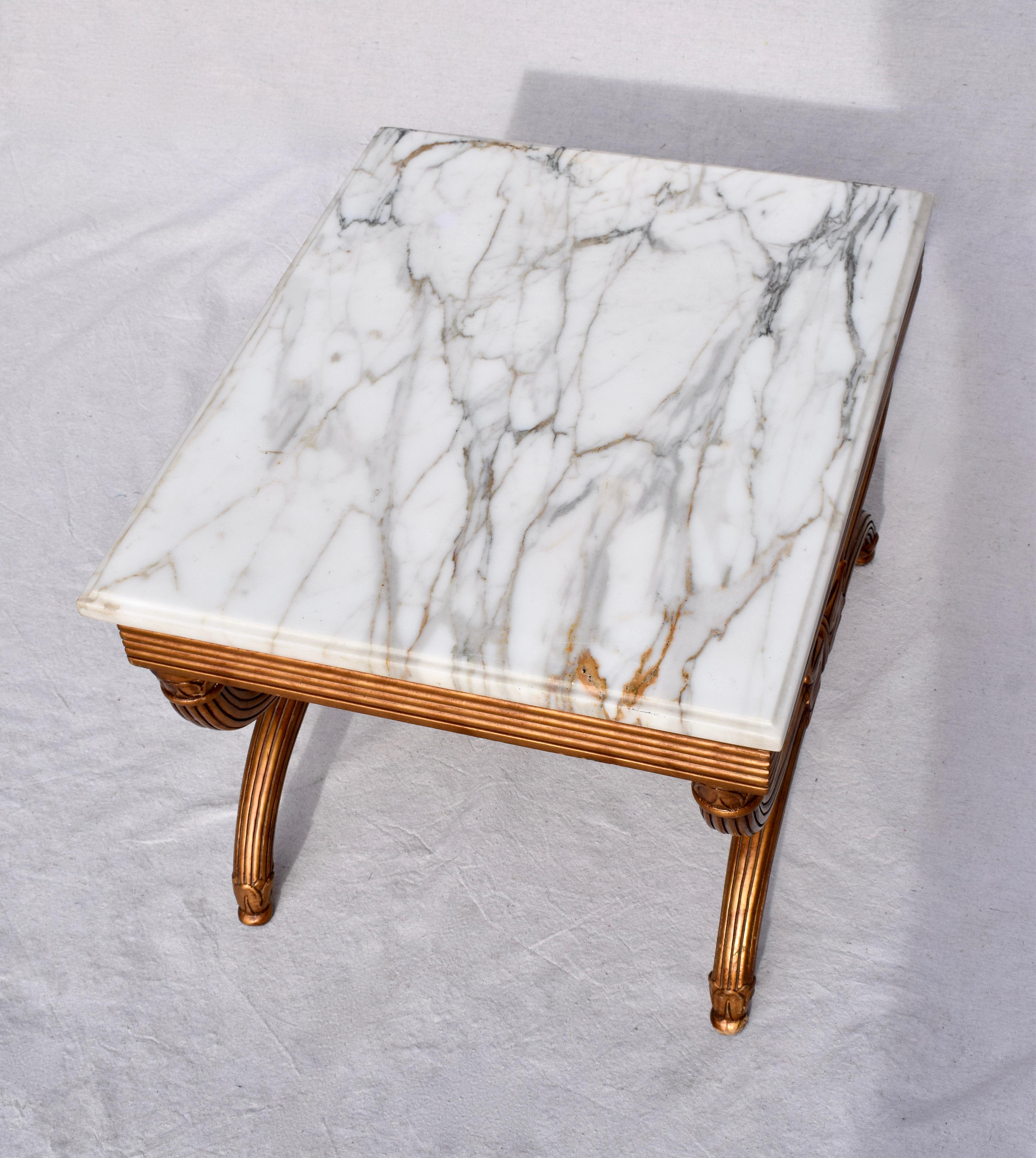 Carrara Marble Neoclassical Style Curule Leg Marble Top Tables, Pair For Sale